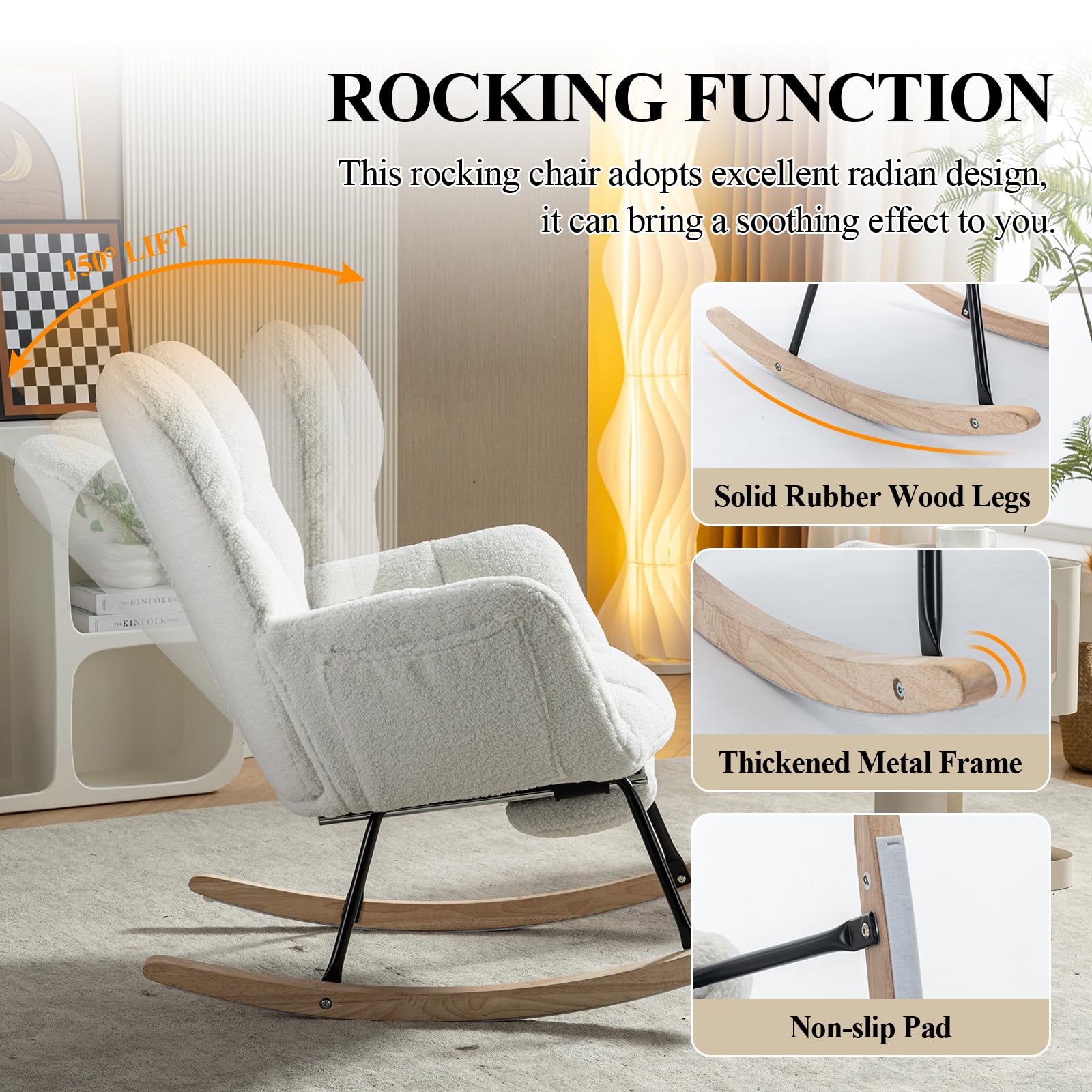 Comfortable Teddy Upholstered Nursery Rocking Chair with Side Pocket & Adjustable Footrest - Soft Glider Recliner for Living Room, Bedroom, Nursery - Perfect for Nursing, Reading & Relaxing (Ivory)