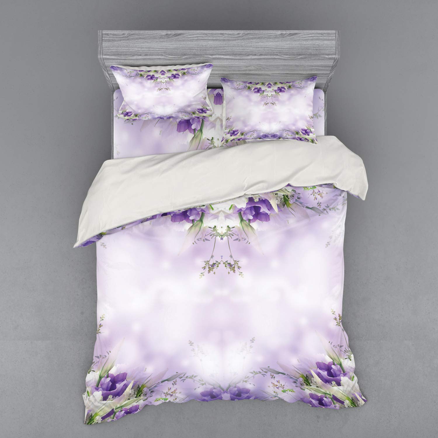 Ambesonne Floral Bedding Set Queen Size - 4 Piece Duvet Cover Set with Shams & Fitted Sheet, Blossoming Flowers with Green Spring Leaves Design in Lilac Purple Green - Romantic Nature Inspired Bedroom Decor for Spring & Summer