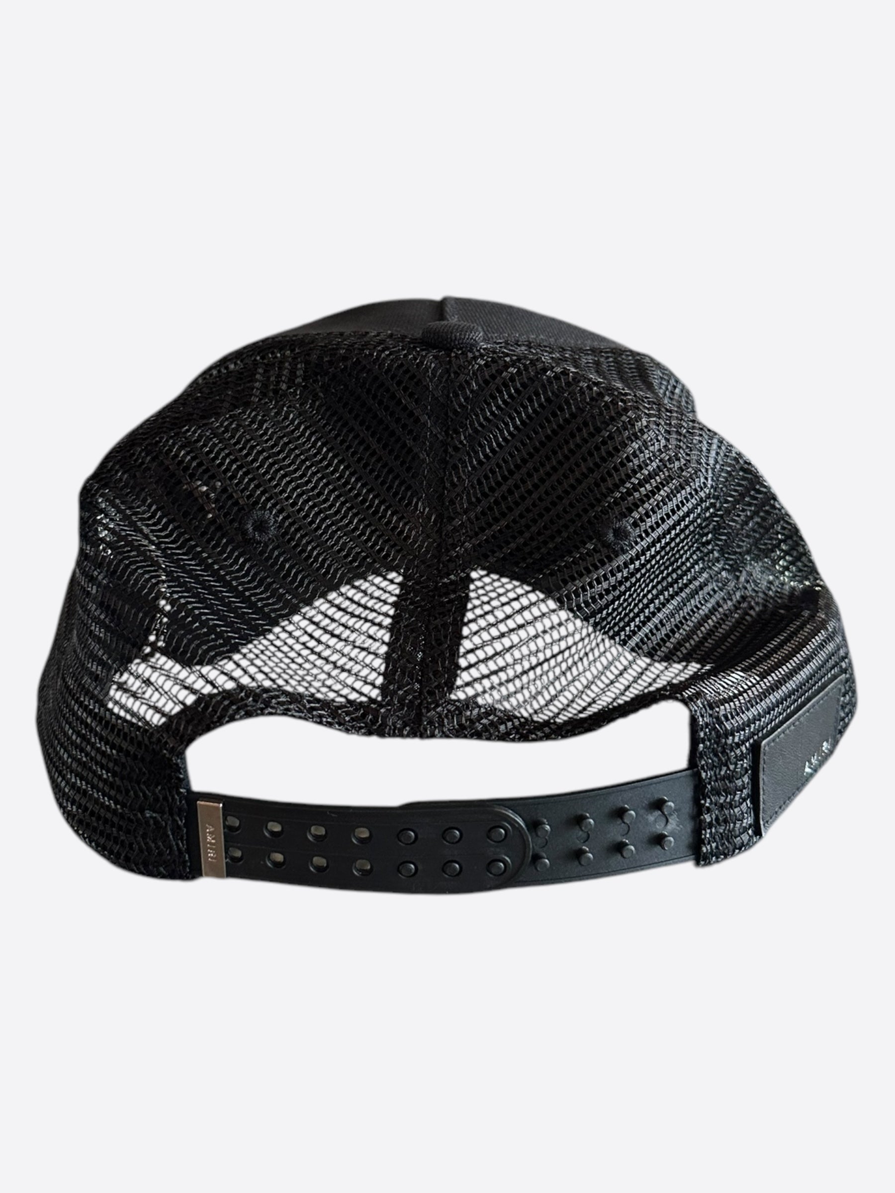 Amiri Black MA Paint Splatter Logo Trucker Hat - Stylish Distressed Baseball Cap for Men & Women - Perfect for Streetwear, Concerts, and Casual Outfits