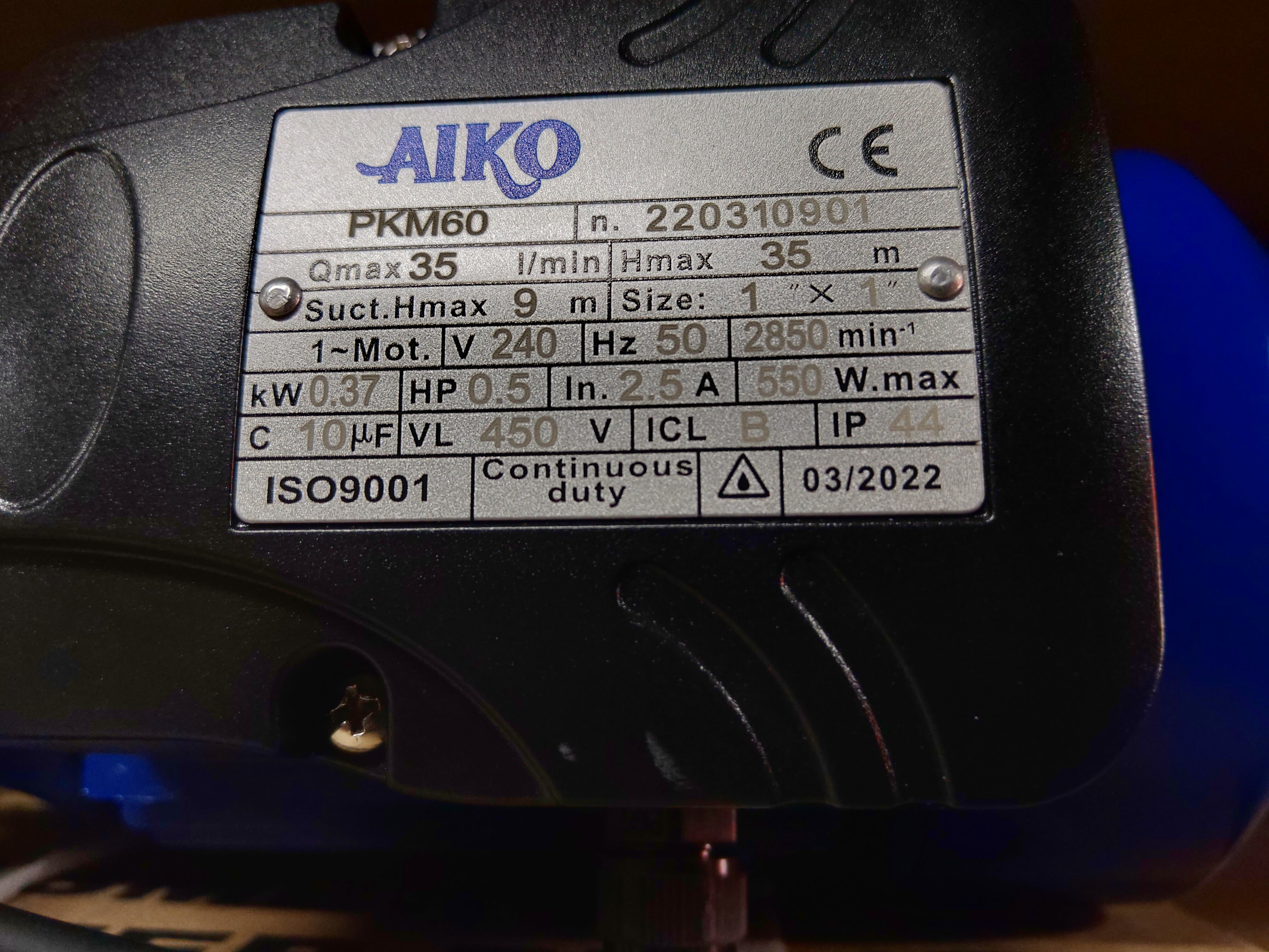 AIKO 1x1 0.5HP 240V Centrifugal Water Pump | High Efficiency Water Transfer | Model WP A PKM60 | Ideal for Irrigation, Pool Circulation & Industrial Applications