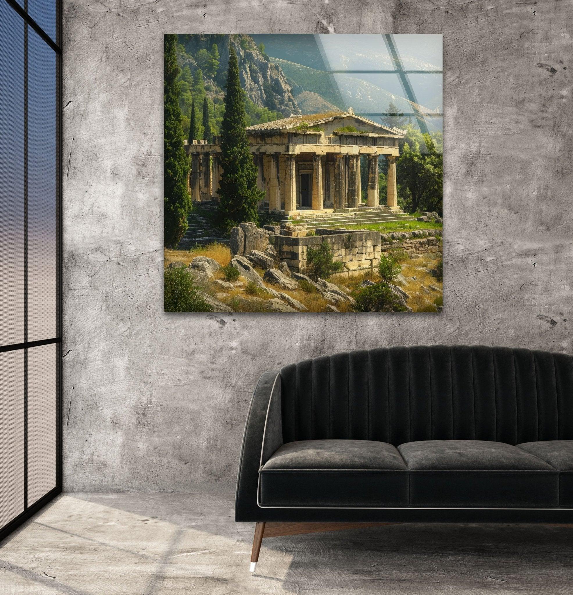 Ancient Greek Temple Stained Glass Wall Art - Handmade Window Panel for Home Decor, Church, and Office