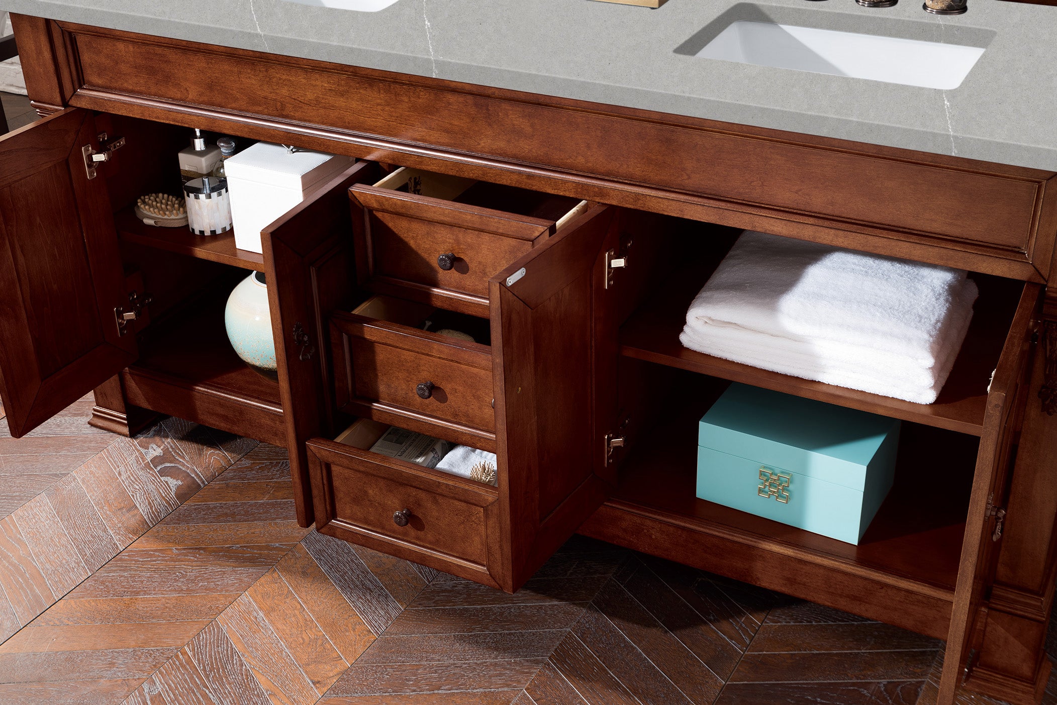 Brookfield 72-Inch Double Vanity with Warm Cherry Finish & 3CM Eternal Serena Quartz Countertop - Perfect for Master Bathroom & Luxury Home Renovation
