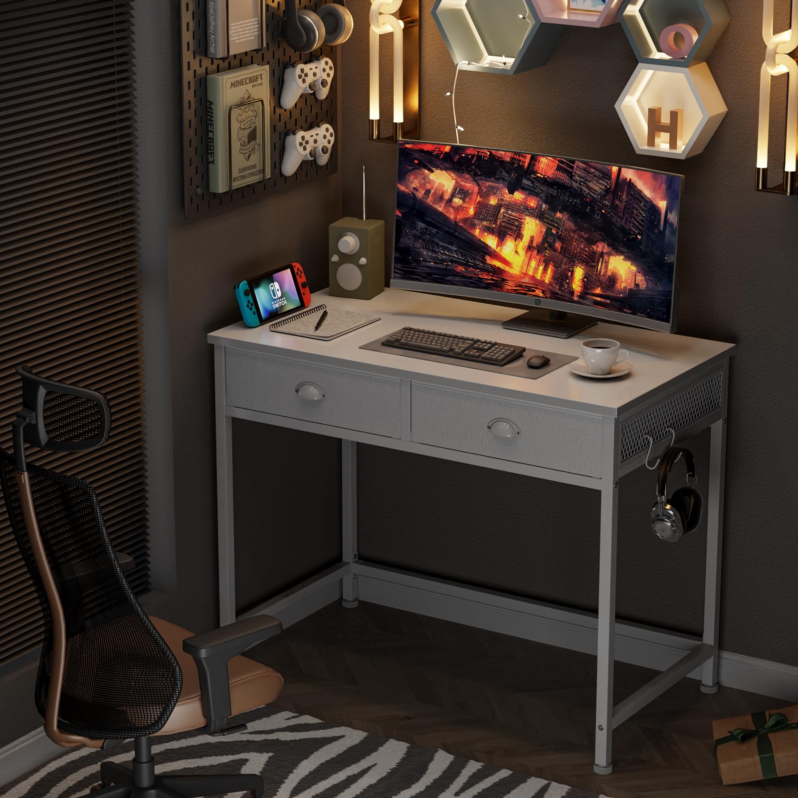Furologee 36 Inch White Small Computer Desk with 2 Fabric Drawers - Simple Home Office Writing Desk, Vanity Desk with Hooks - Study Desk for Bedroom, Small Spaces - Perfect for Remote Work, Online Classes & Home Office Setup