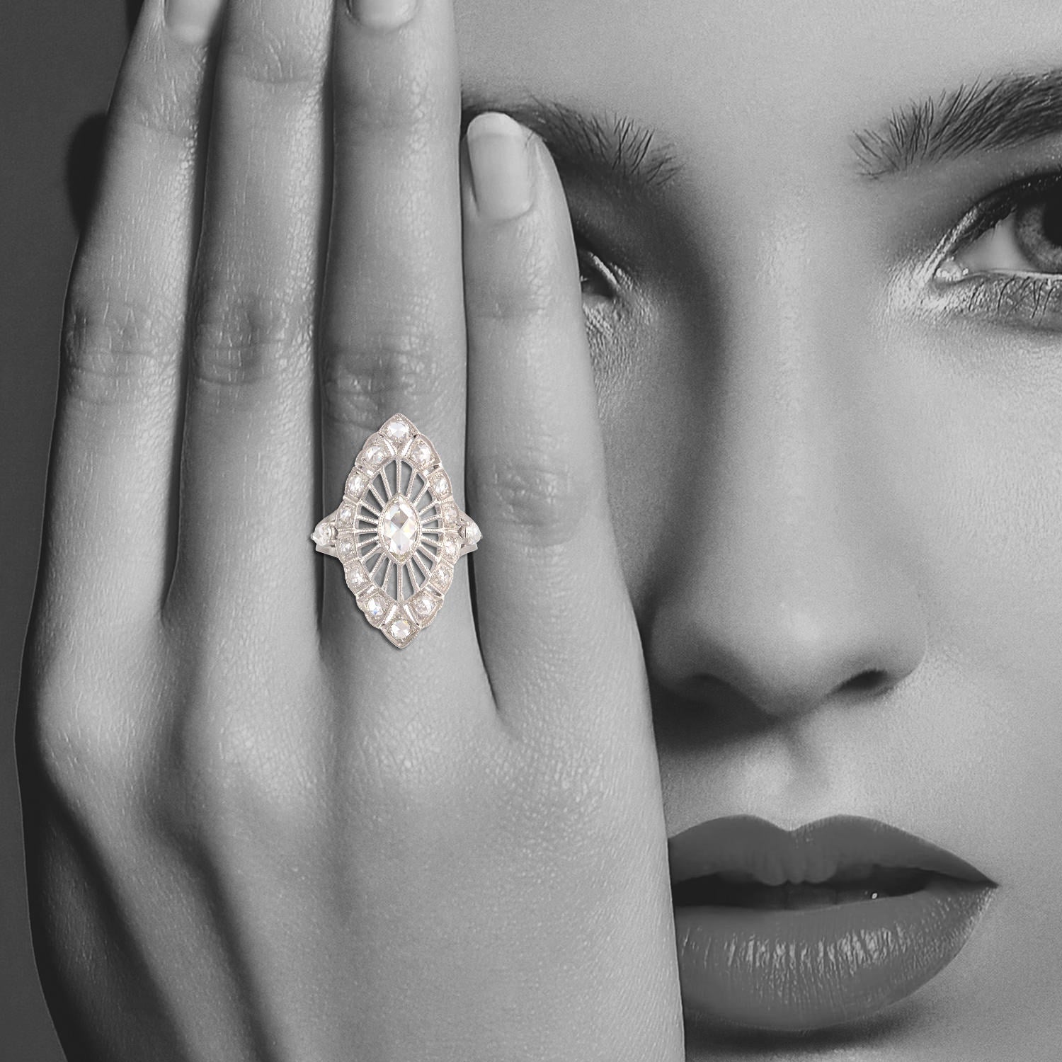 18K White Gold Rose Cut Genuine Diamond Marquise Long Ring - Elegant Wedding, Engagement & Anniversary Jewelry Gift for Women