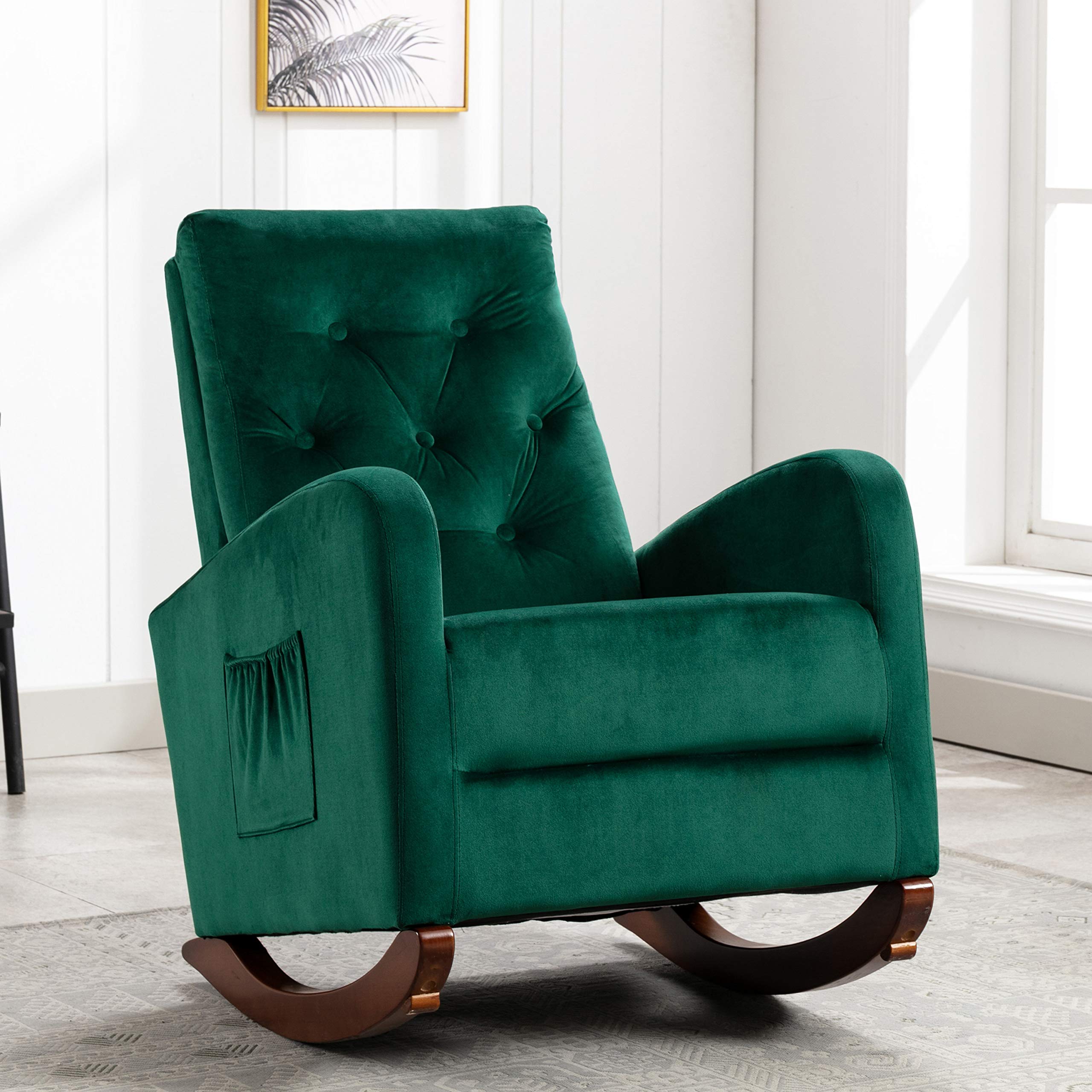HomVent Baby Nursery Rocking Chair - High Back Comfortable Rocker with Fabric Padded Seat, Modern Armchair for Nursing & Feeding - Green (Perfect for Bedrooms, Nurseries & Breastfeeding Rooms)