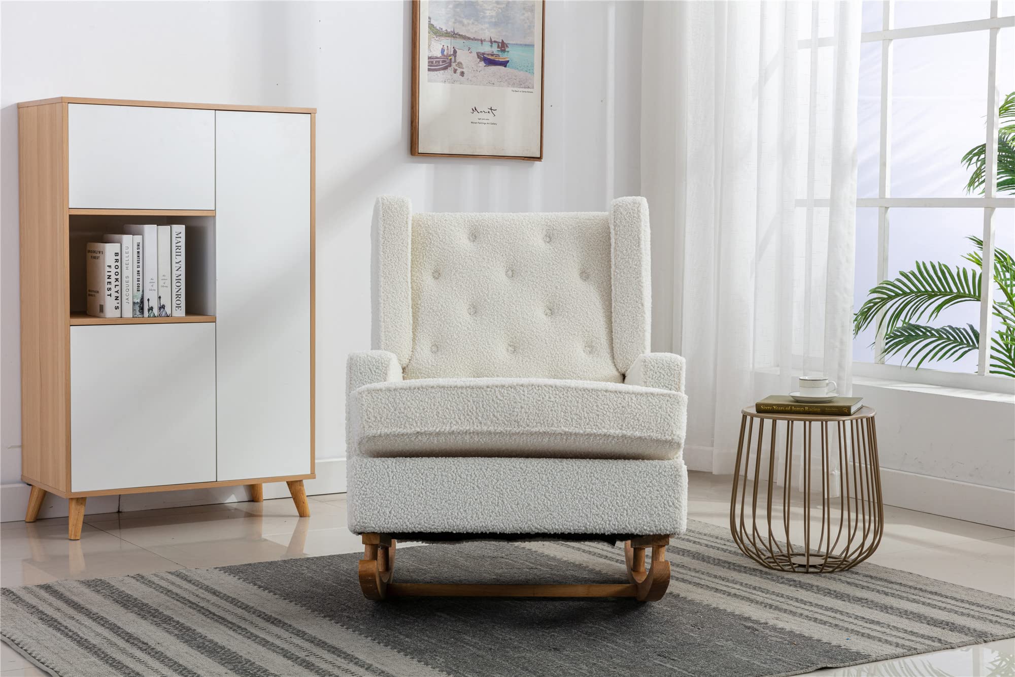 Bellemave White Teddy Rocking Chair - Upholstered Mid Century Modern Accent Chair for Living Room, Nursery & Baby Room with Solid Wood Base - Cozy Rocker for Relaxing, Nursing & Reading