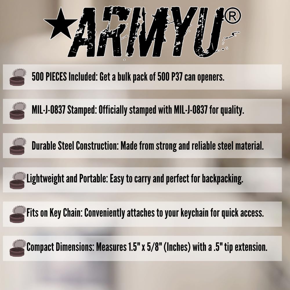 ARMYU P-38 Military Grade Metal Can Opener - Compact Steel Army Style P38 (Mil-J-0837) for Camping, Hiking & Emergency Kits - Travel Size Black (500 Pack) - Ideal for Outdoor Adventures & Survival Gear