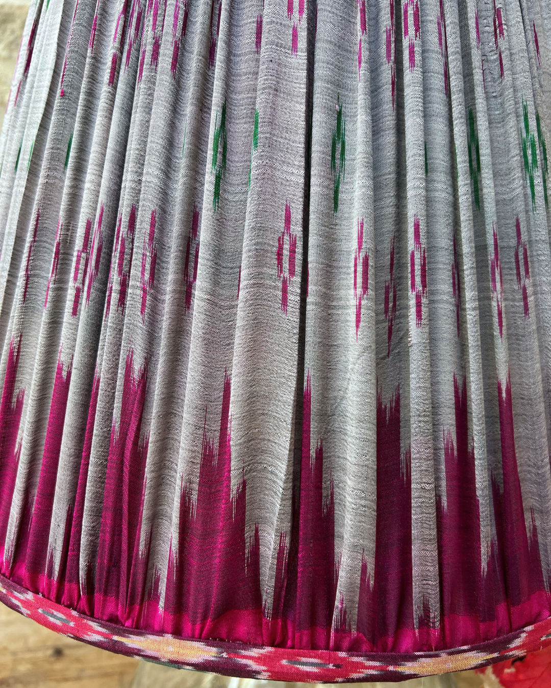 51cm Magenta and Grey Silk Sari Lampshade - Elegant Handmade Home Decor for Living Room, Bedroom, or Boho Chic Interior Design