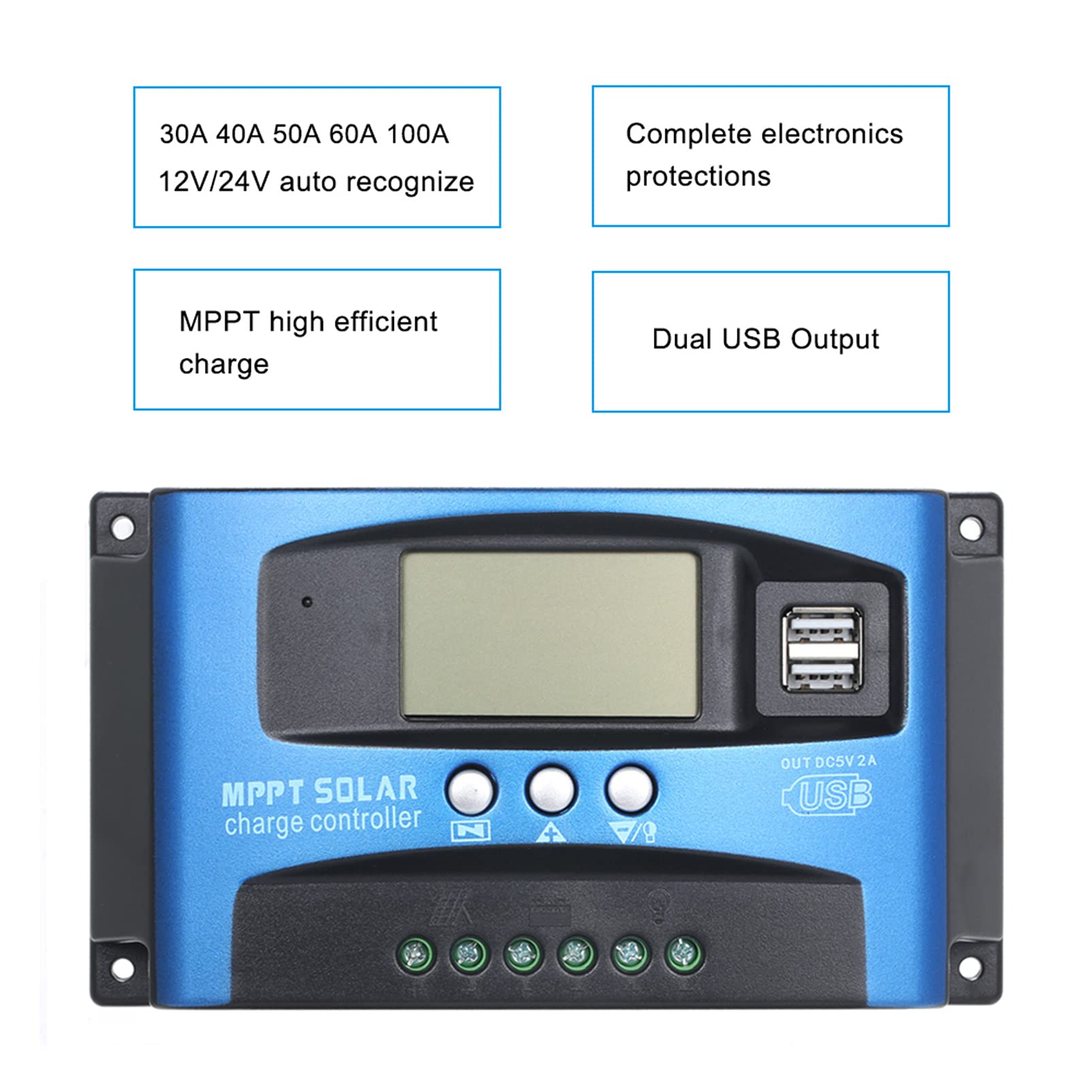 50A MPPT Solar Charge Controller with Dual USB & LCD Display - Auto Solar Panel Charger Regulator for RV, Boat, Off-Grid Power System