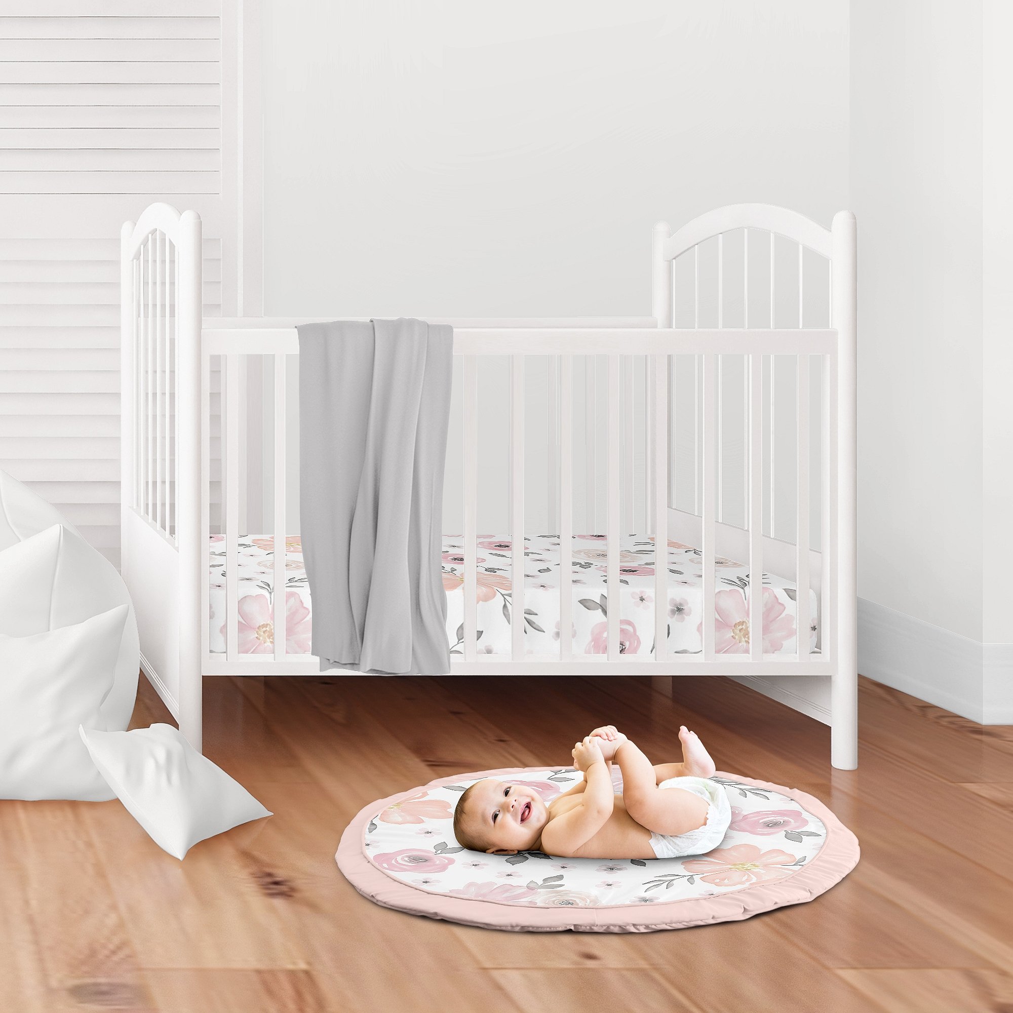 Shabby Chic Baby Playmat - Pink Grey White Floral for Tummy Time & Nursery Decor
