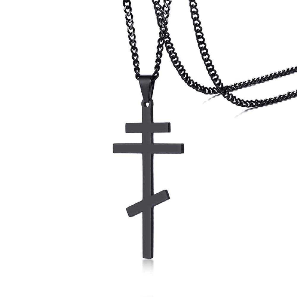 Rockyu Men's Black Orthodox Cross Necklace - Stainless Steel Russian Orthodox Cross Pendant, 24 Inch Hip Hop Chain for Religious Jewelry Gift - Perfect for Church, Daily Wear & Hip Hop Fashion