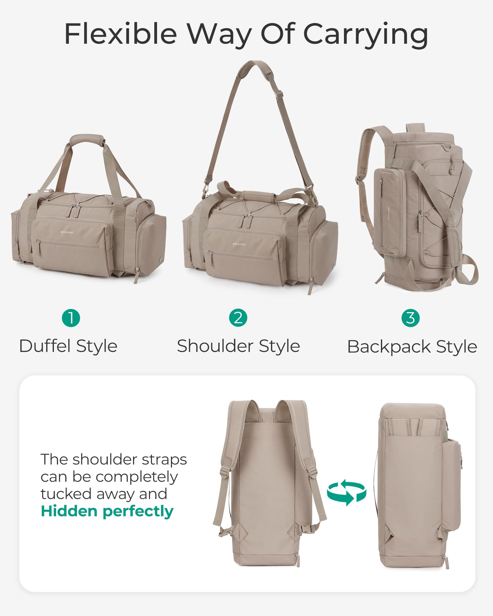 BAGSMART 4-in-1 Gym Bag for Women - Lightweight TSA Approved Duffle Bag with Shoe Compartment & Wet Pocket - 30L Water Resistant Carry On Weekender Bag & Backpack in Camel Color - Perfect for Gym, Travel, Workout & Weekend Getaways