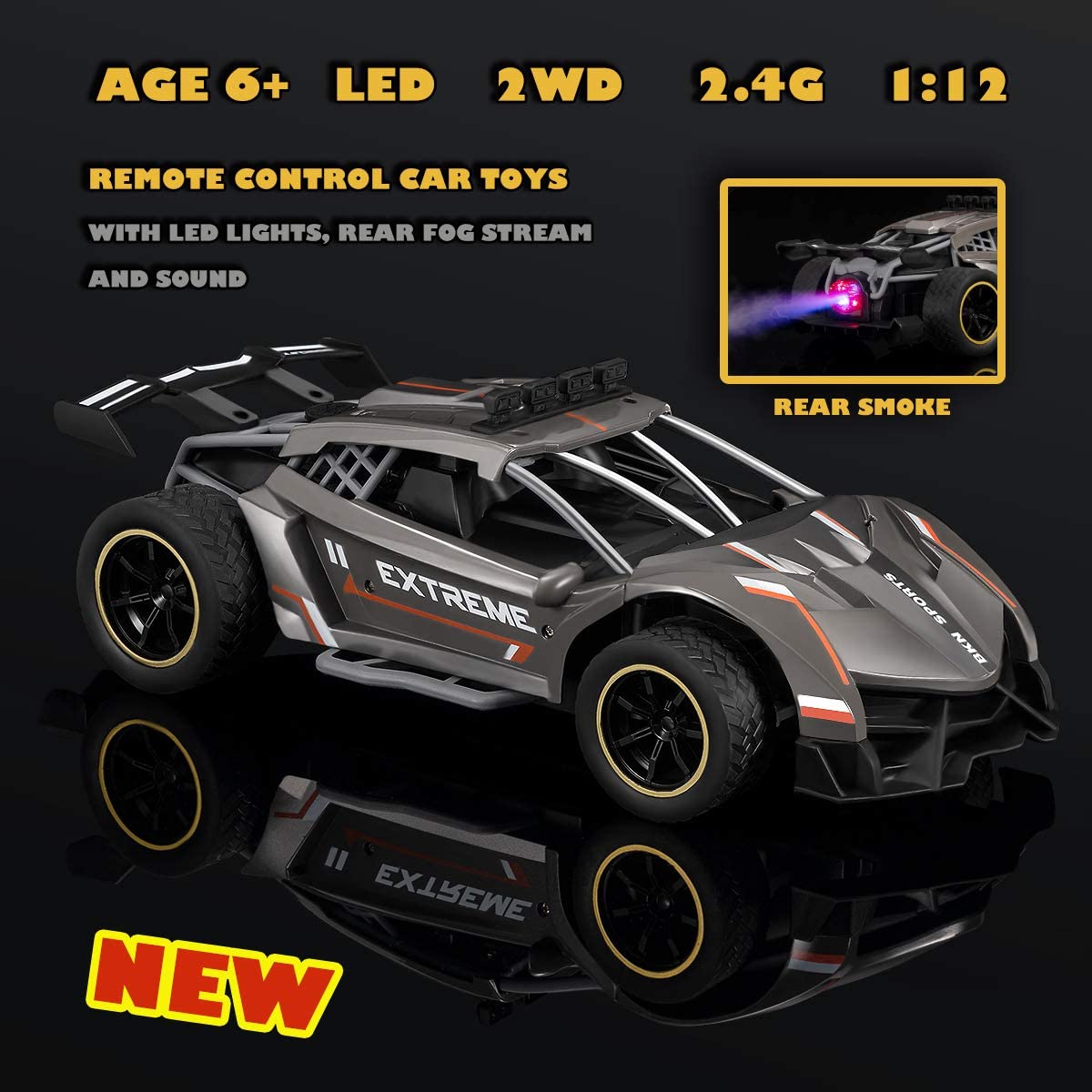 Hemtik 1/12 Scale 2.4GHz Remote Control RC Car - Spray Runner Electric Racing Toy with LED Lights & Sound Effects for Kids, Teens & Adults | Off-Road Racing, Backyard Play & Hobby Collection (Colors May Vary)