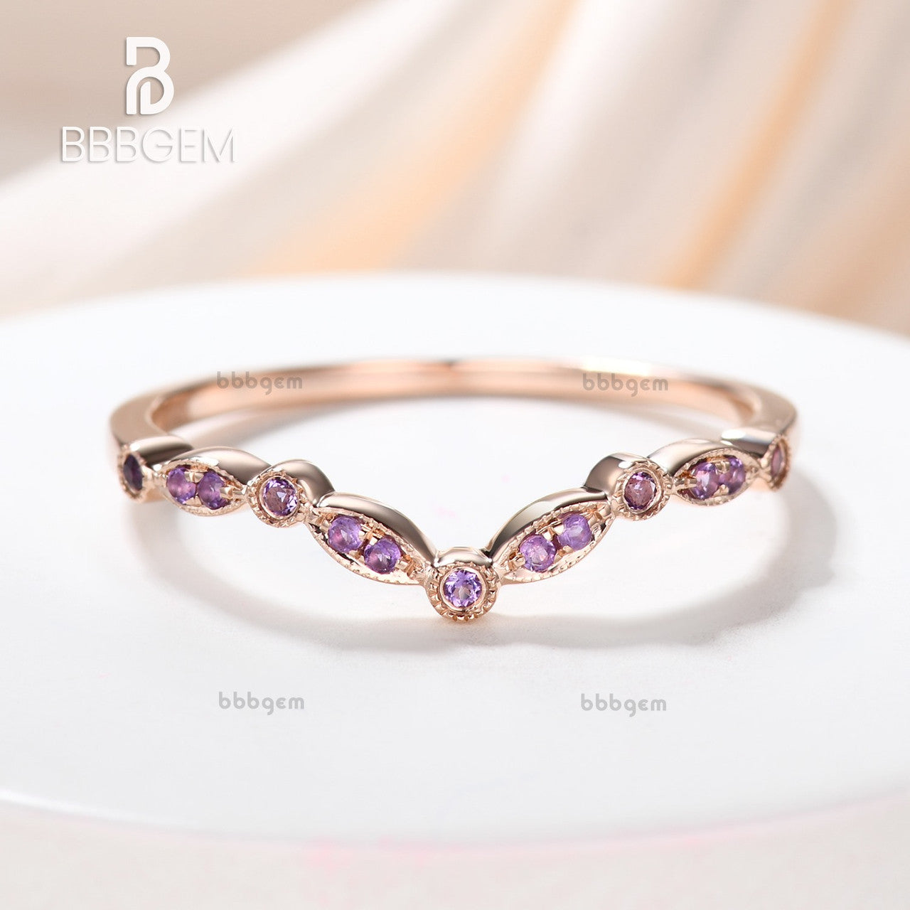 14K Rose Gold Milgrain Marquise Curve V Amethyst Wedding Band – Elegant Bridal Ring for Women, Perfect for Engagement, Anniversary & Special Occasions