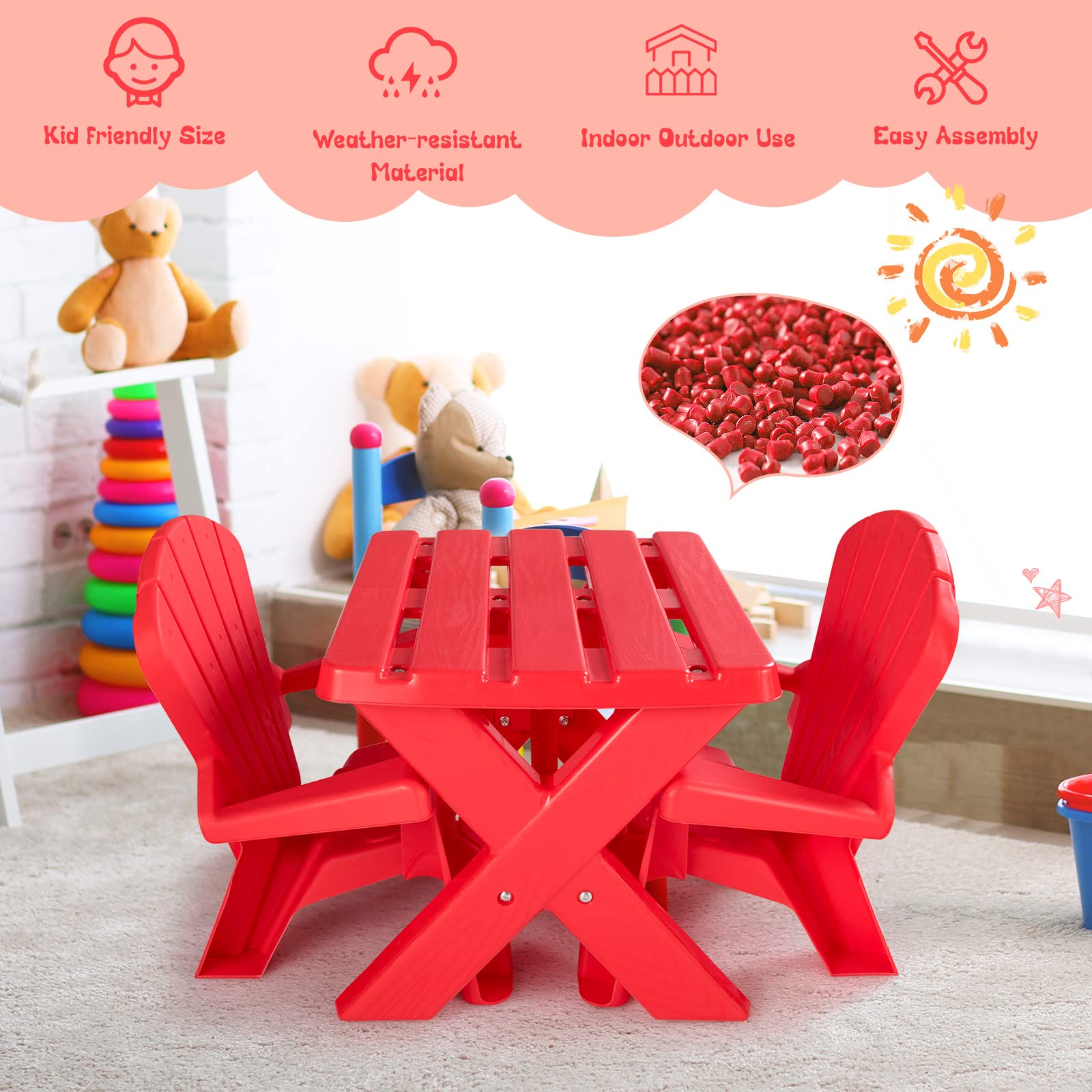 COSTWAY Kids Outdoor Table & Chair Set - 3-Piece Toddler Play Table with 2 Adirondack Chairs, Stackable Space-Saving Backyard Furniture for Beach, Garden & Lawn (Red) | Perfect for Outdoor Play, Picnics & Summer Activities
