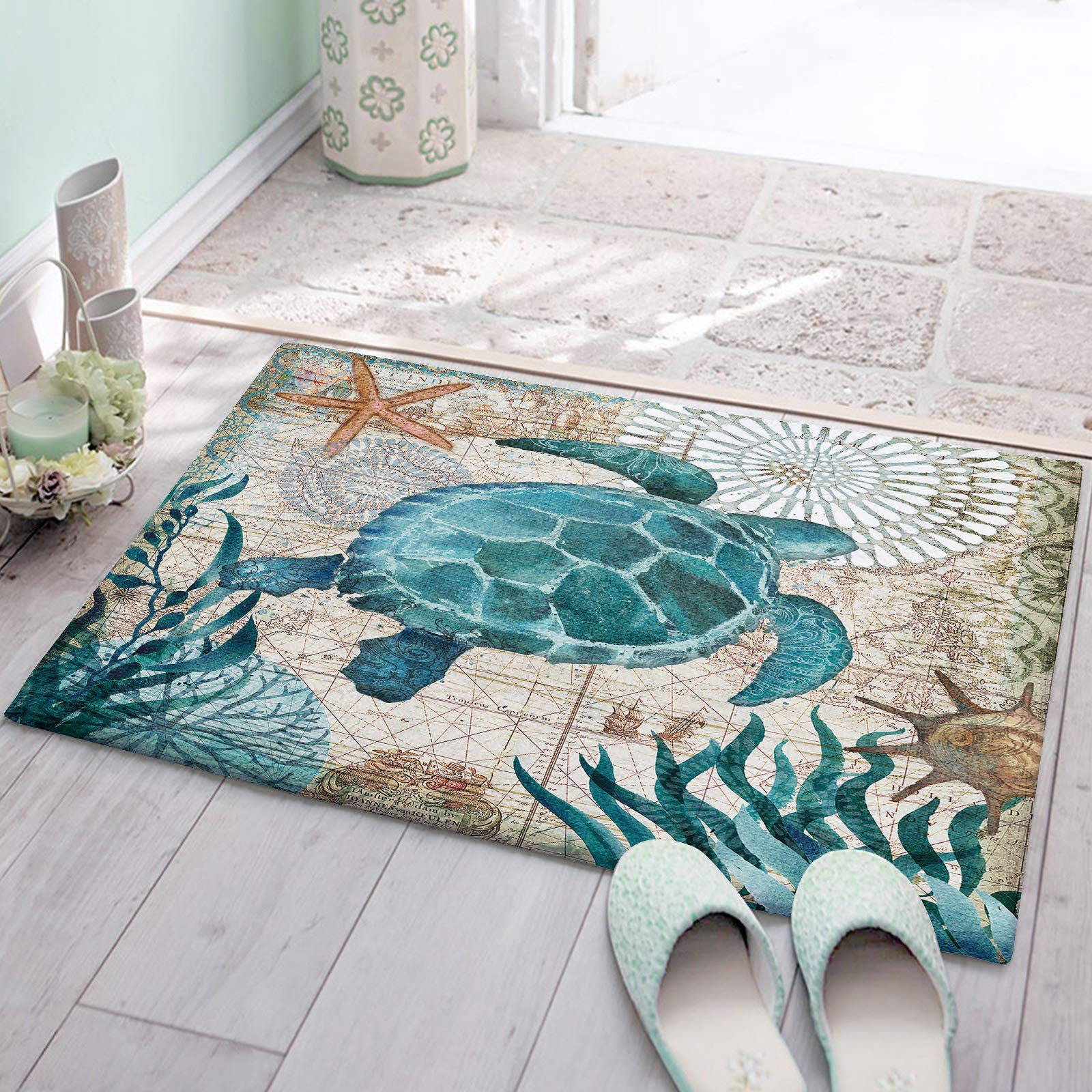 Sea Turtle Bath Rug - Non-Slip Water Absorbent Doormat with Vintage Ocean Map Design, Soft Flannel Plush for Bathroom, Kitchen & Bedroom (20x31.5 Inch) - Perfect for Coastal Decor, Beach House Bath Mats & Nautical Home Accessories
