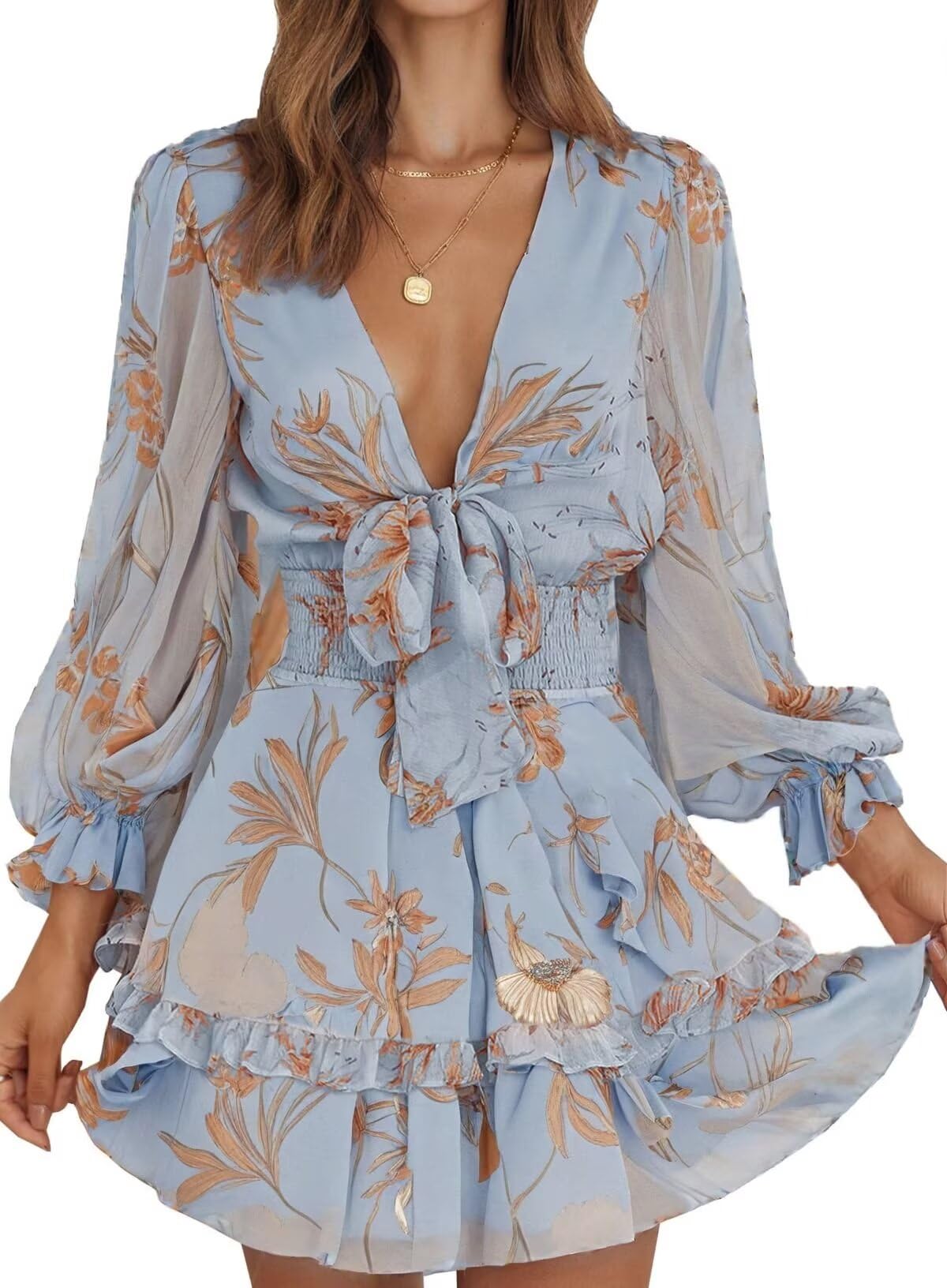 Women's Elegant Deep V Neck Knotted Tiered Chiffon Mini Dress - Casual Summer Skater Swing Dress for 2025 | Perfect for Beach Vacations, Date Nights & Summer Parties