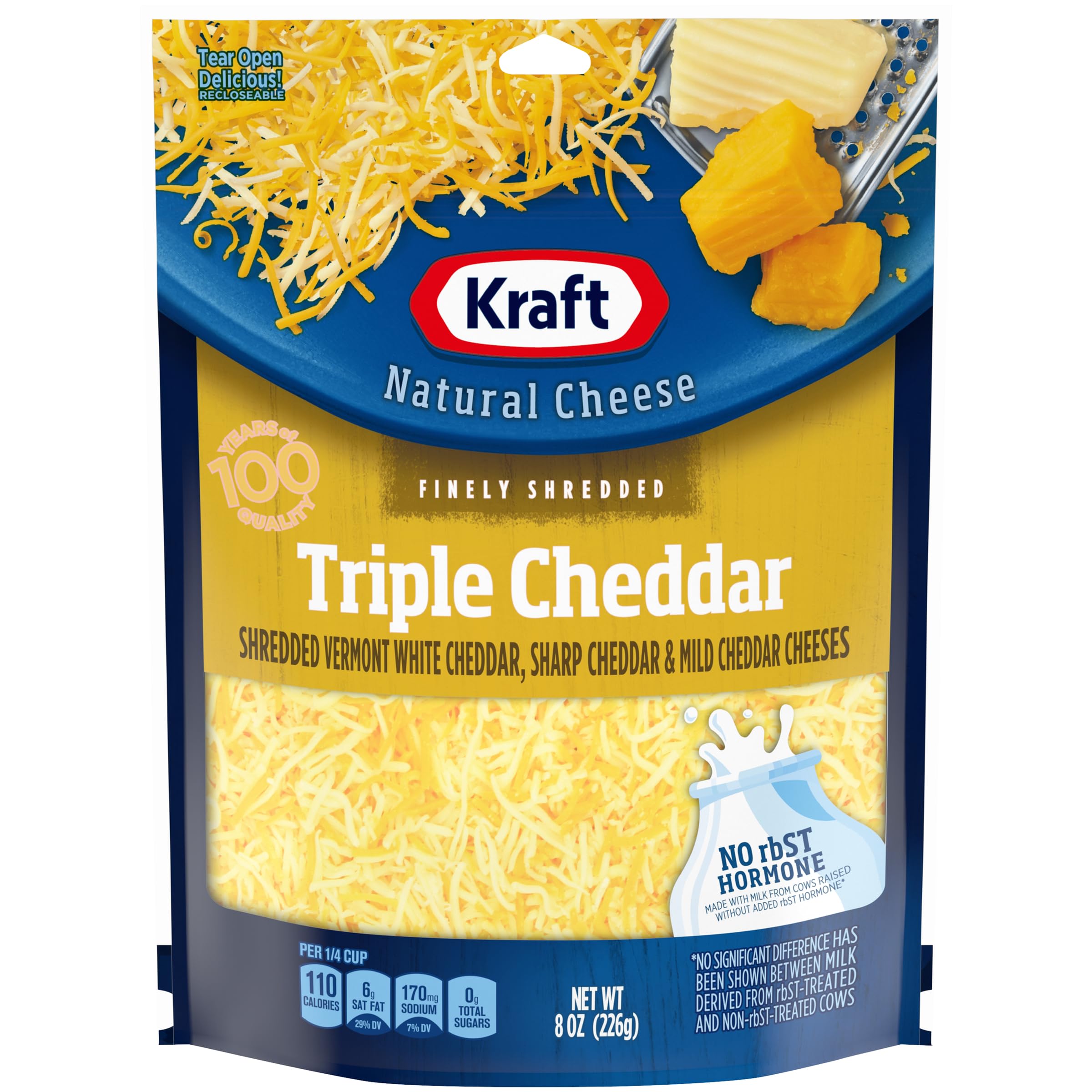 Triple Cheddar Shredded Cheese - Kraft Natural Finely Shredded (8 oz Pouch) - Perfect for Tacos, Pasta & Sandwiches