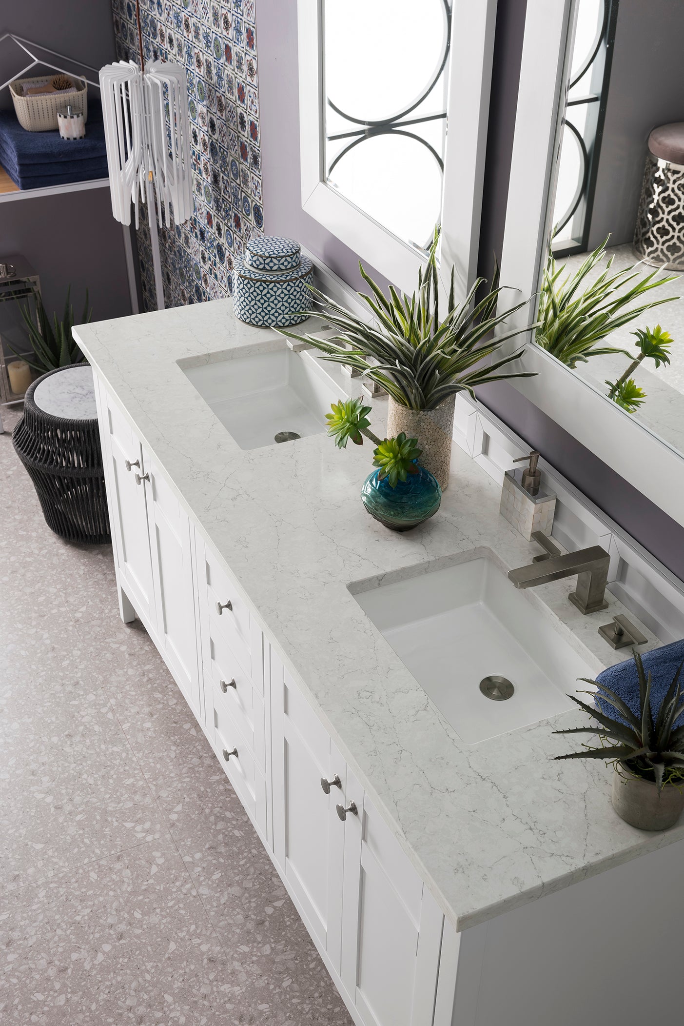 Palisades 72 Inch Double Bathroom Vanity with 3CM Eternal Jasmine Pearl Quartz Countertop in Bright White - Perfect for Master Bathroom Renovation and Modern Home Decor
