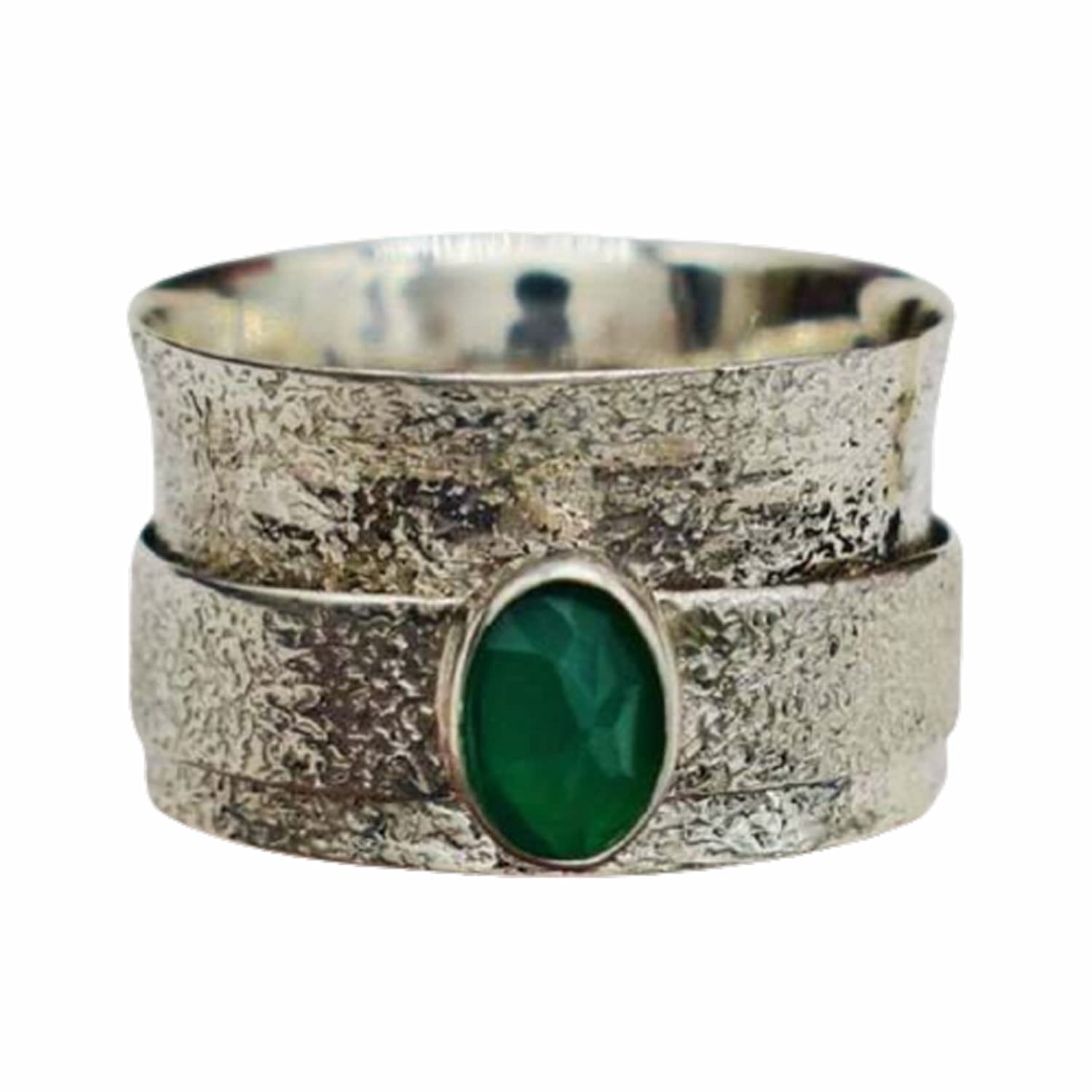 Handmade 925 Sterling Silver Green Onyx Spinner Ring - Boho Meditation Thumb Ring with Unique Texture (Size 11.5) | Stress Relief & Focus Tool for Yoga, Anxiety Relief, and Mindful Relaxation