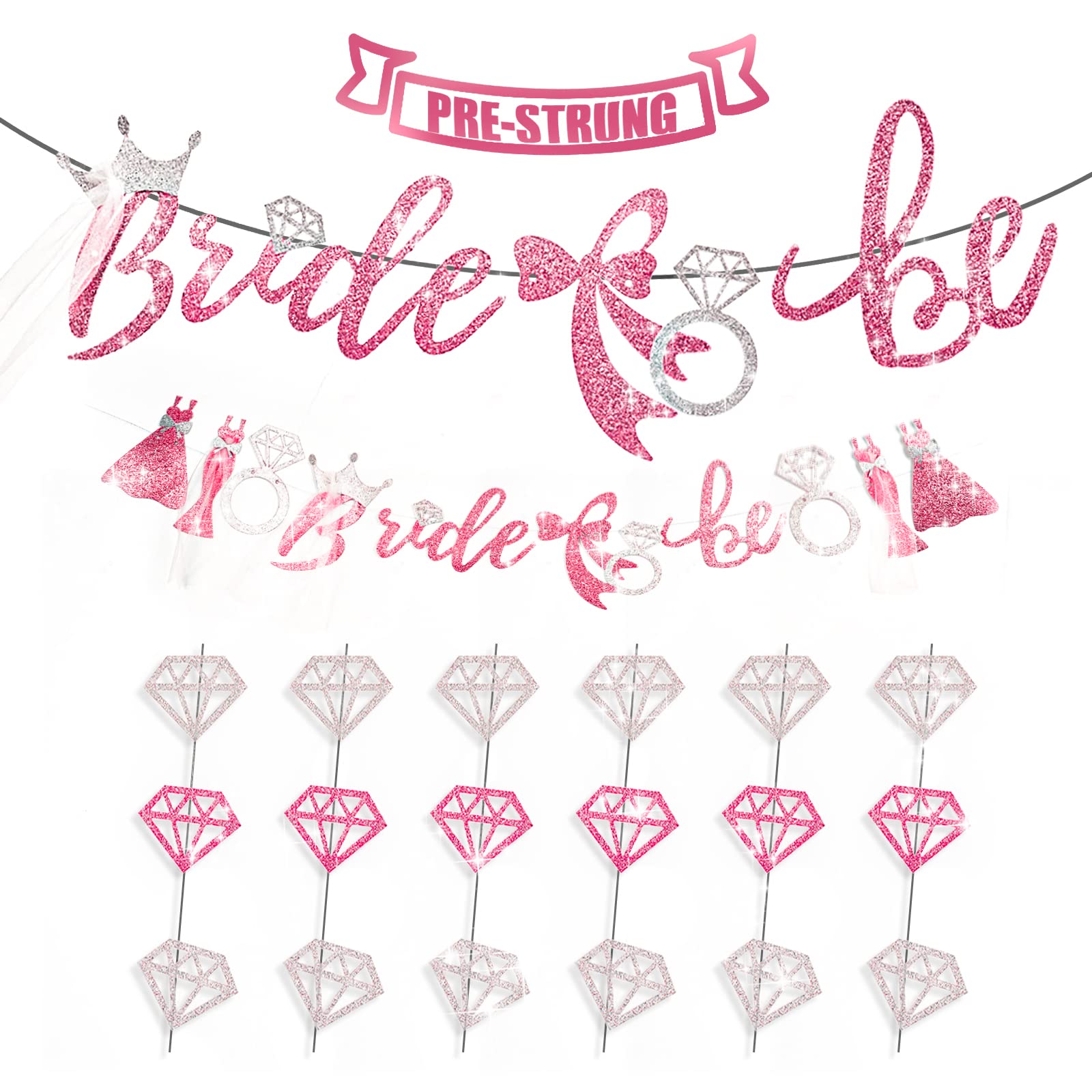 7-Piece Pink Bride to Be Party Decorations Set - Includes 1 Bride to Be Sign & 6 Diamond Garlands for Bridal Showers, Bachelorette Parties & Wedding Celebrations | Perfect for Hanging Decor, Photo Backdrops & Venue Decoration