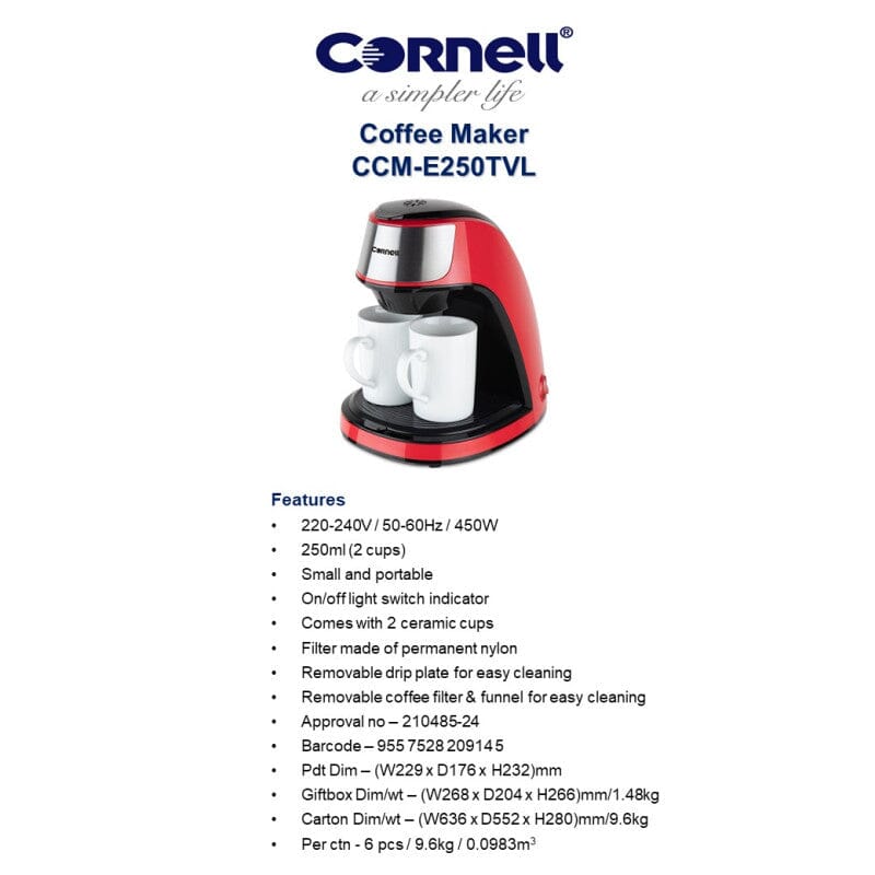 Cornell 2-Cup Coffee Maker CCME250TVL - Compact Drip Coffee Machine for Home, Office & Travel | Perfect for Small Spaces & Single Serve Brewing