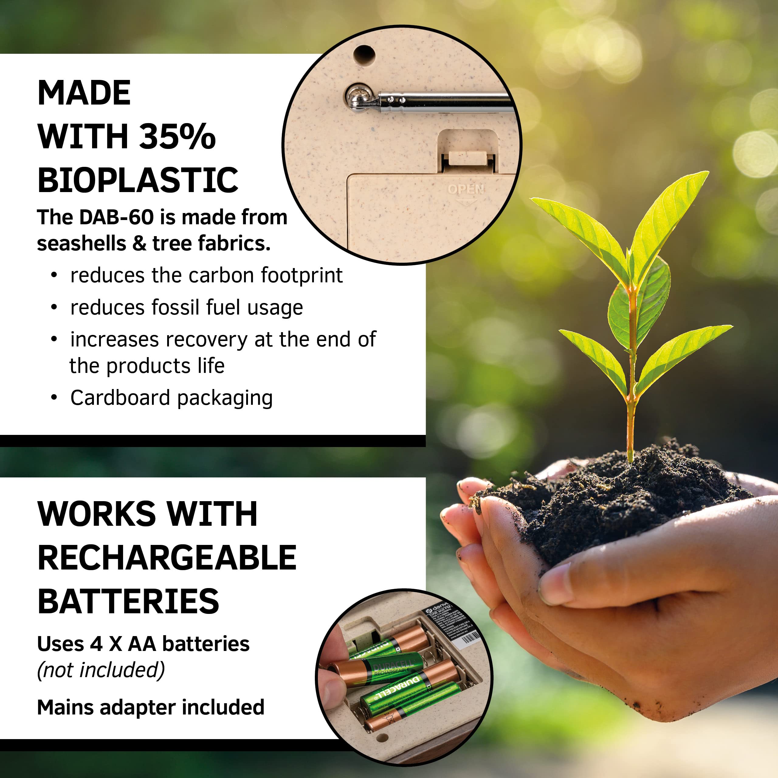 Denver Portable DAB+ Digital Radio with Bluetooth & FM - Eco-Friendly BioPlastics Construction - Dual Alarm, Rechargeable Battery & AC Power, Snooze/Sleep Timer, Large Color Screen - Perfect for Travel, Home, Office & Outdoor Use - Model DAB-60