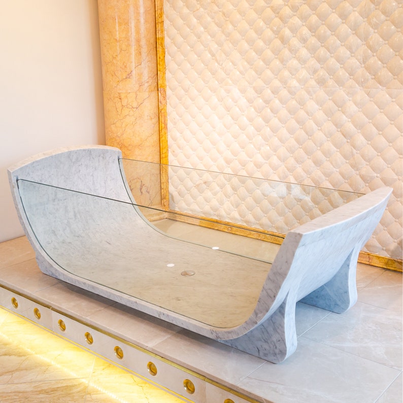Premium Carrara White Marble Bathtub with Tempered Glass Side Walls - Polished Freestanding Soaking Tub for Luxury Bathroom (Model NTRVS27) | Spa Relaxation & Modern Home Decor
