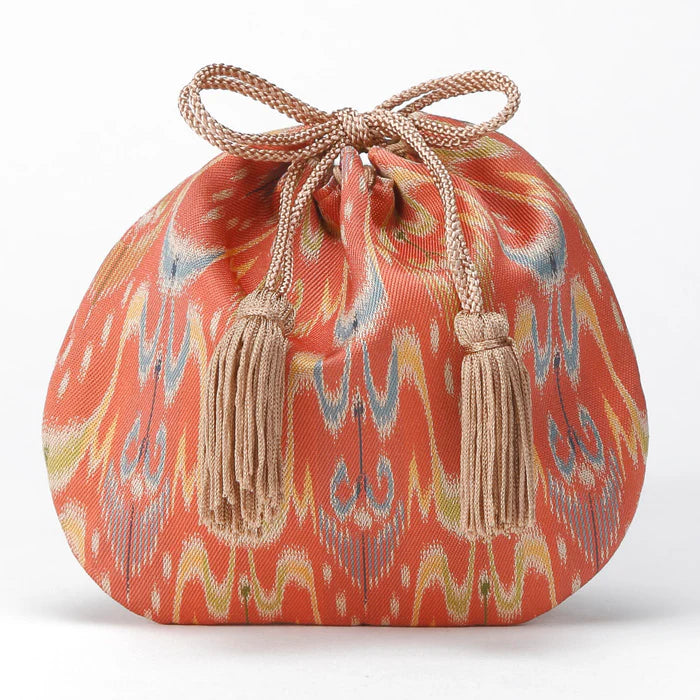 Nishijin Ori Small Drawstring Bag - Authentic Japanese Kasuri Pattern Handmade in Kyoto | Traditional Japanese Craft Purse for Coins, Jewelry & Gift Giving