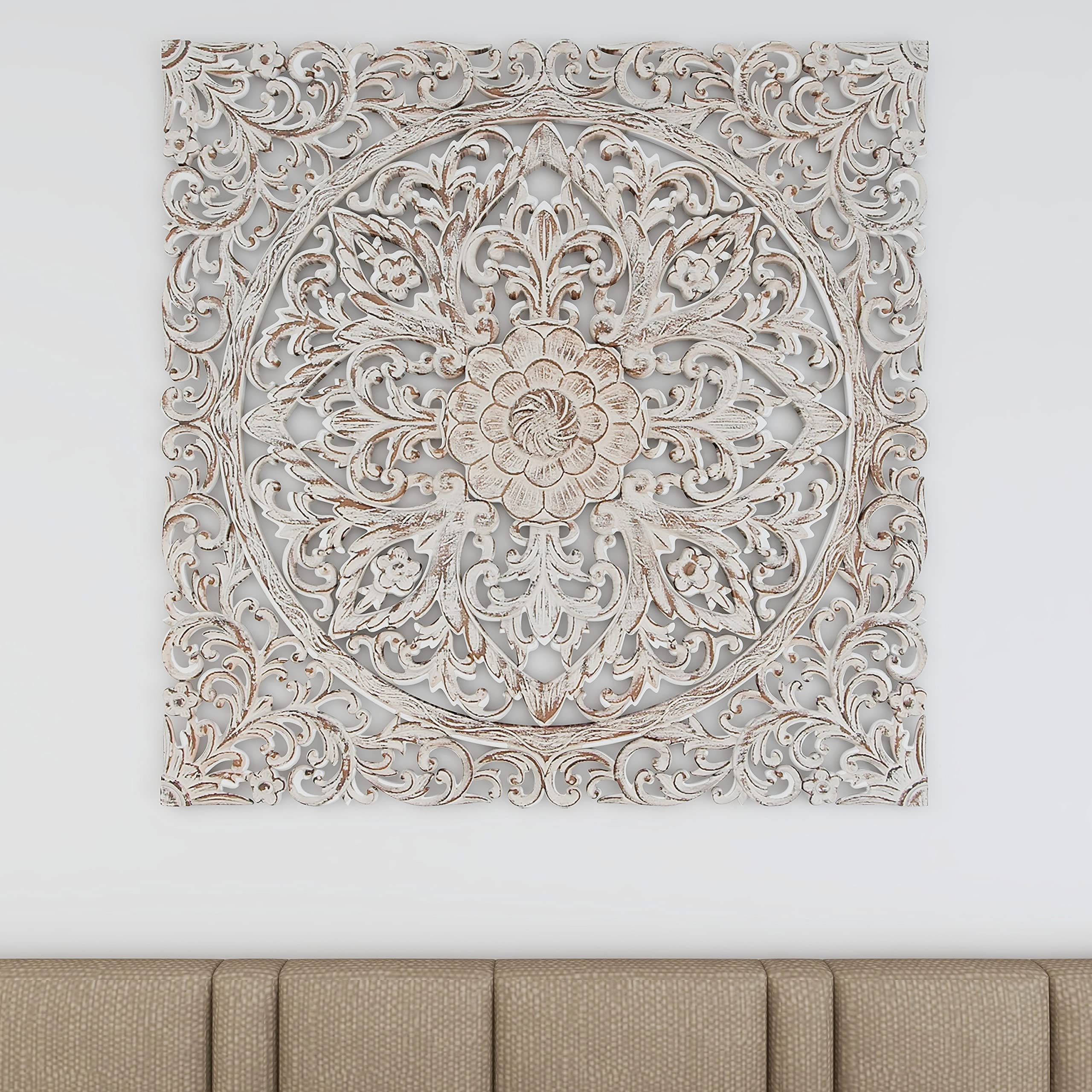 Handmade Wooden Floral Wall Art - Intricately Carved Mandala Wall Sculpture with Brown Distressing, 36