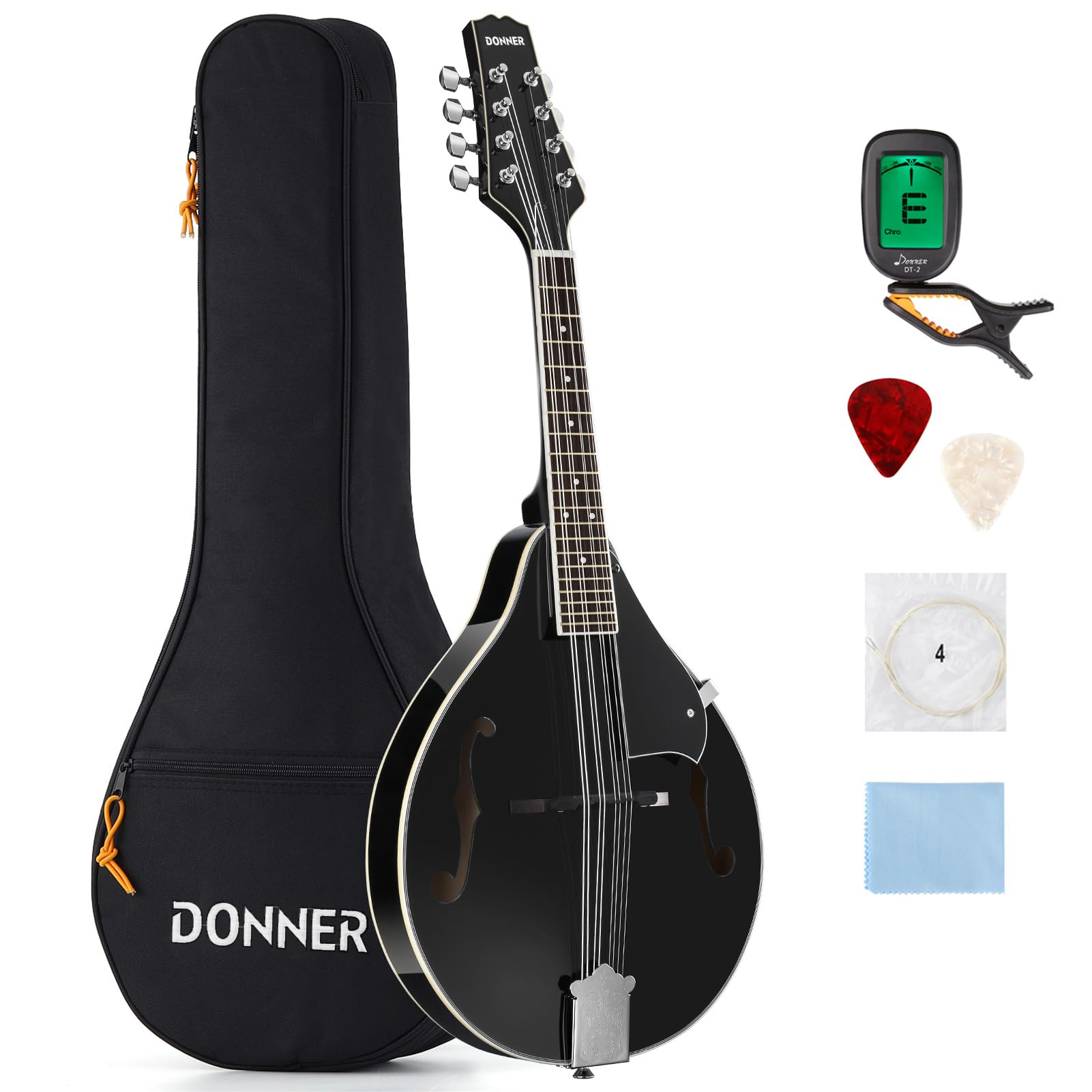 **Donner DML-100B Mahogany 8-String Acoustic Mandolin for Beginners & Adults – Black A-Style Mandolin with Tuner, Strings, Bag & Guitar Picks – Perfect for Folk, Bluegrass & Travel**