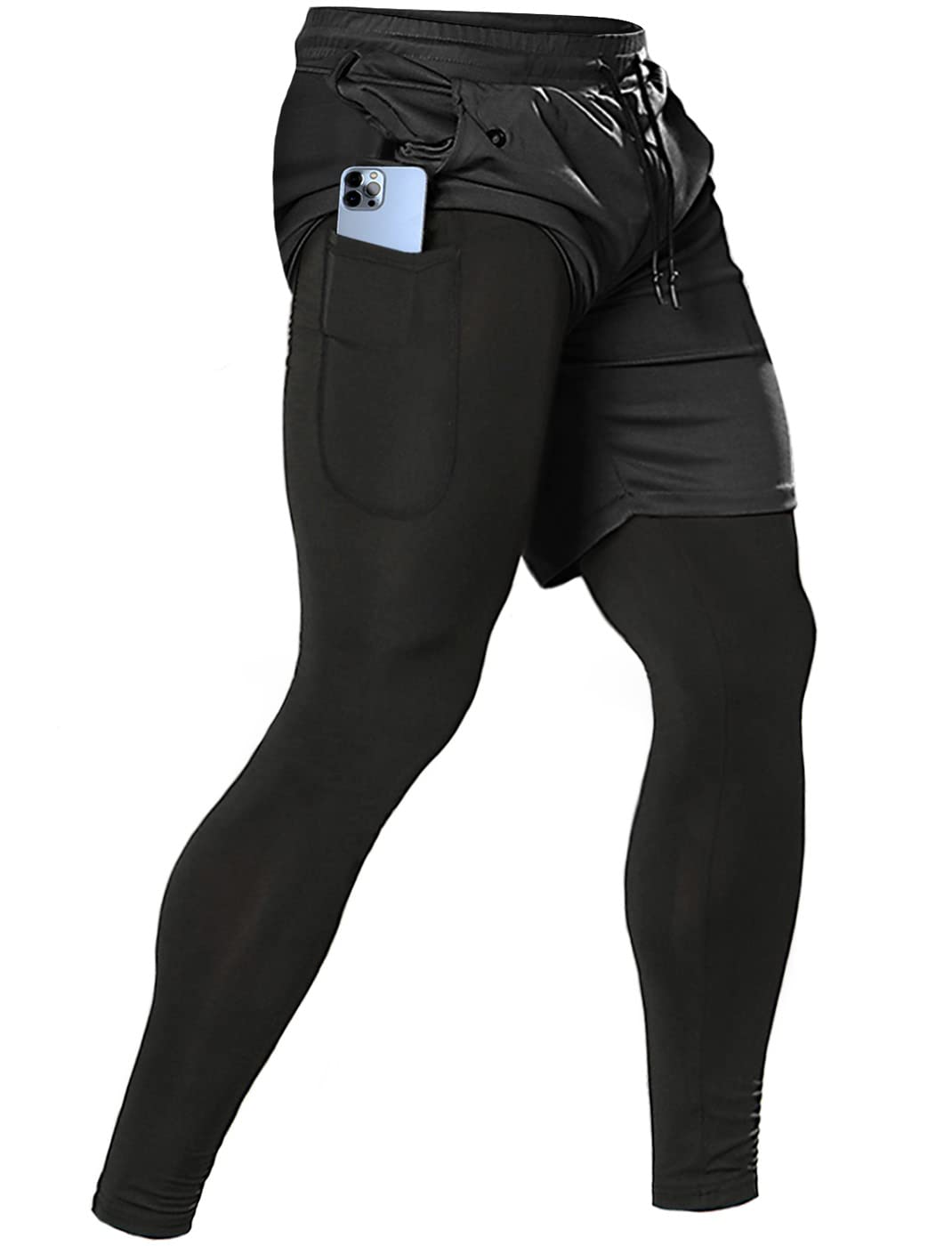 Aolesy Men's 2 in 1 Running Pants - Gym Workout Compression Pants for Men, Athletic Training Pants with Moisture Wicking & Breathable Fabric - Perfect for Running, Jogging, Gym & Outdoor Sports