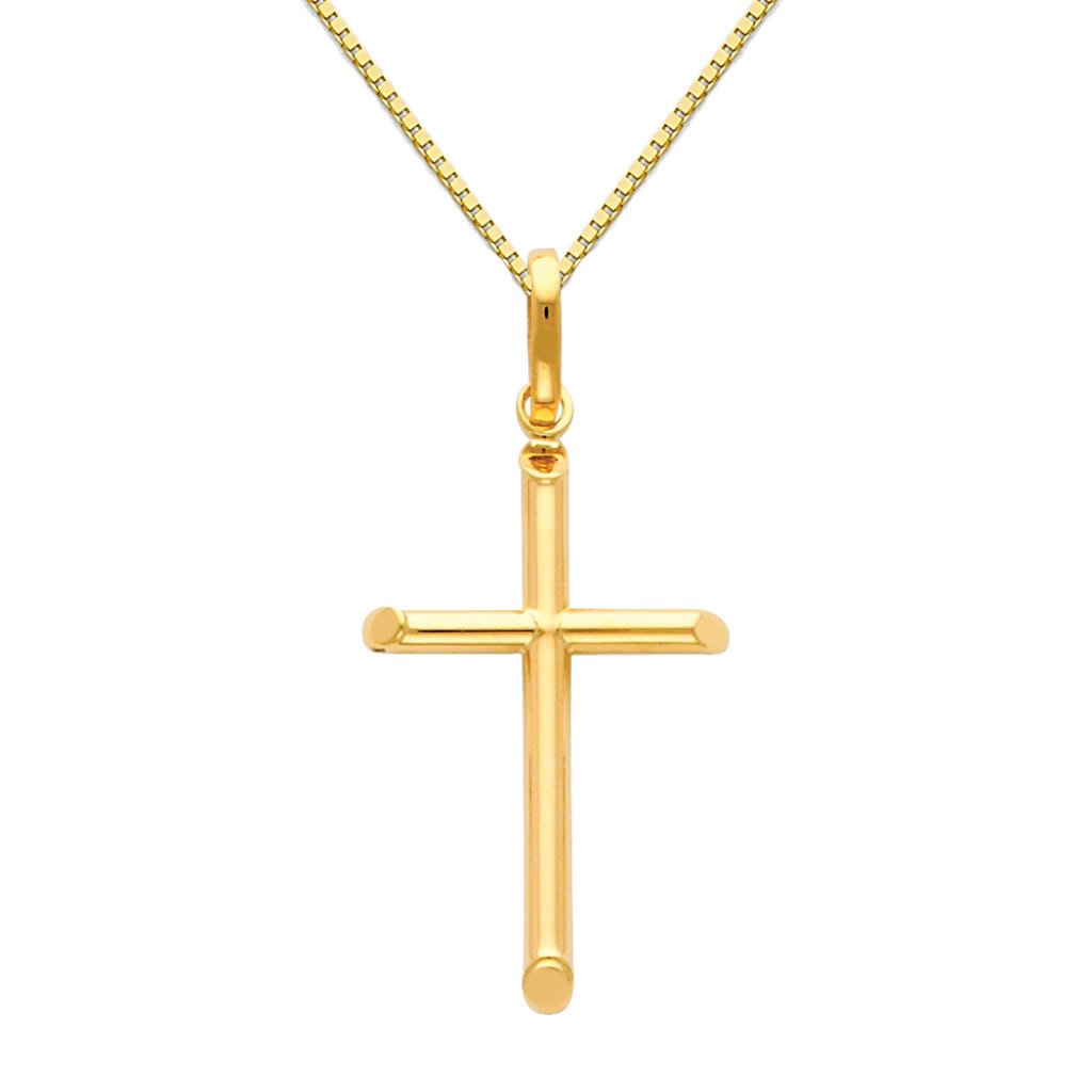 14K Real Yellow Gold Religious Cross Pendant with 0.8mm Box Chain Necklace - Elegant Christian Jewelry for Women & Men - Perfect for Baptism, Confirmation, Church & Daily Wear
