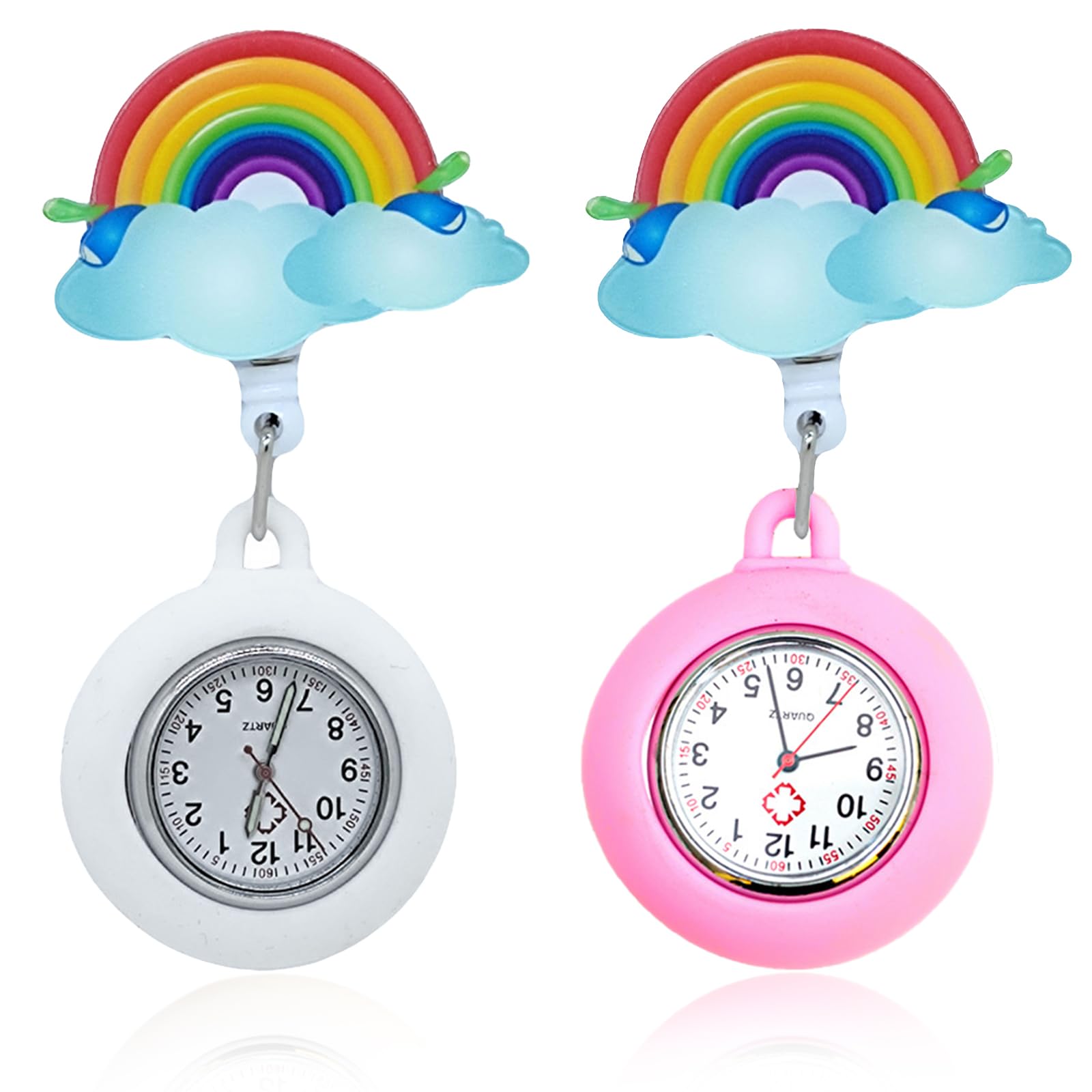 2PCS Rainbow Nurse Fob Watch - Silicone Clip-On Retractable Nursing Watch for Women, Doctors & Medical Professionals | Waterproof, Easy-to-Read with Second Hand | Perfect for Hospital Shifts, Clinical Work & Healthcare Settings