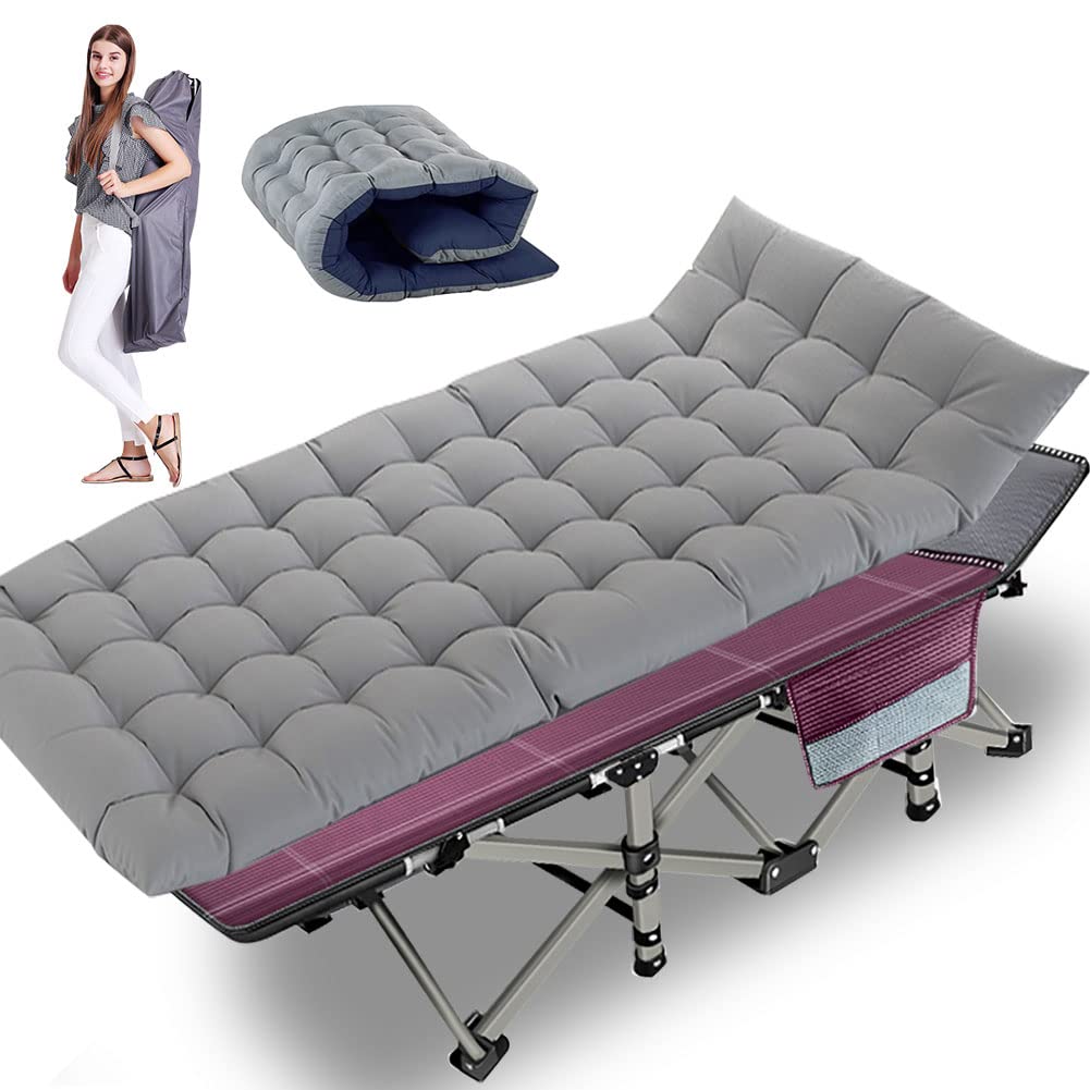 Heavy Duty Folding Camping Cot for Adults - Portable Military Sleeping Bed with Carry Bag, Wine Red & Gray Pad - Perfect for Outdoor Camping, Hiking, Travel & Emergency Use