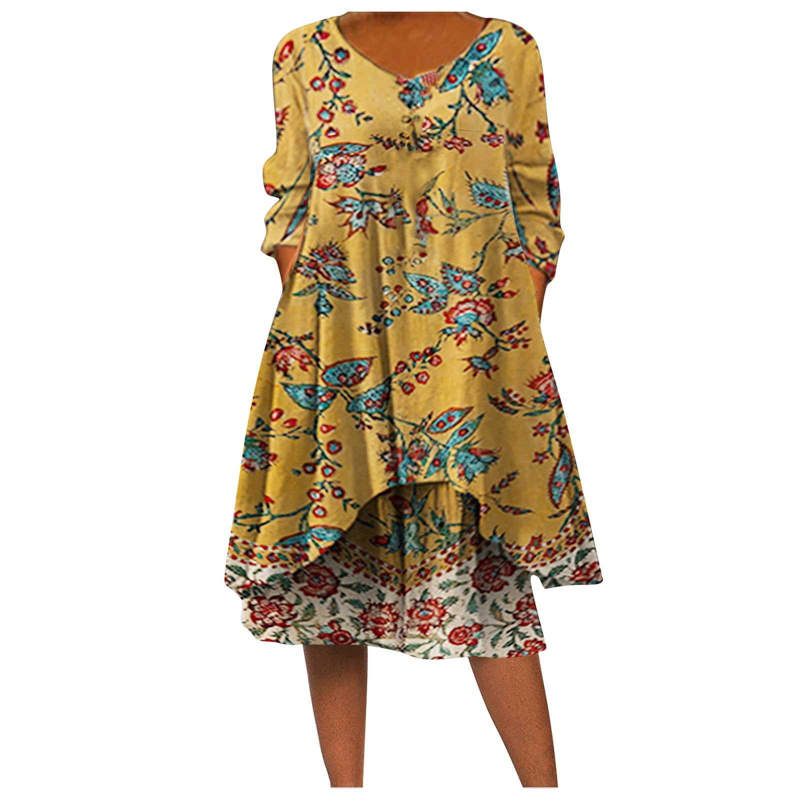 Women's Floral Print V-Neck Casual Beach Dress 2022 - Loose Long Sleeve Swing Dress with Irregular Hem (Yellow, Size S) | Perfect for Summer Vacations, Beach Parties & Outdoor Events