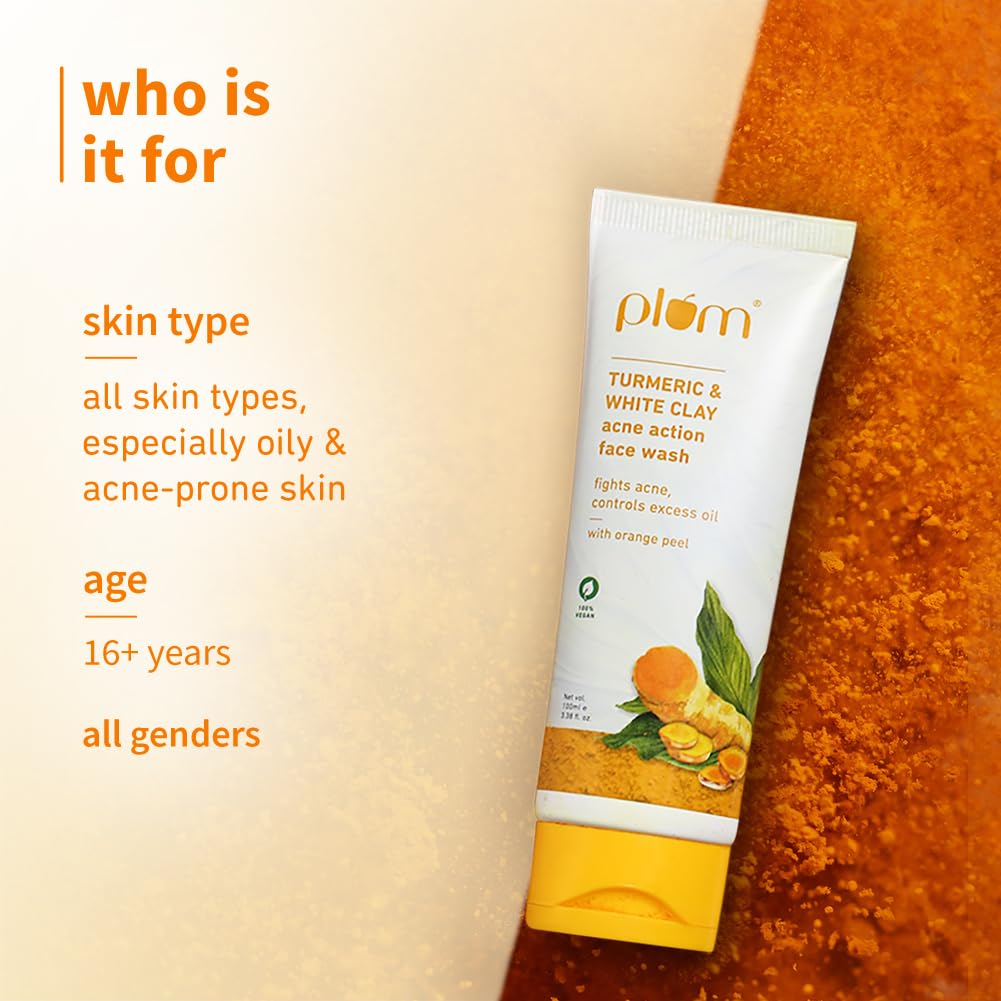 Plum Turmeric & White Clay Acne Action Face Wash - Fights Acne & Controls Oil with Turmeric & Orange Peel | Non-Drying, Sulfate-Free, Vegan Clay Cleanser (100ml) for Clear Skin | Perfect for Oily & Acne-Prone Skin Daily Care