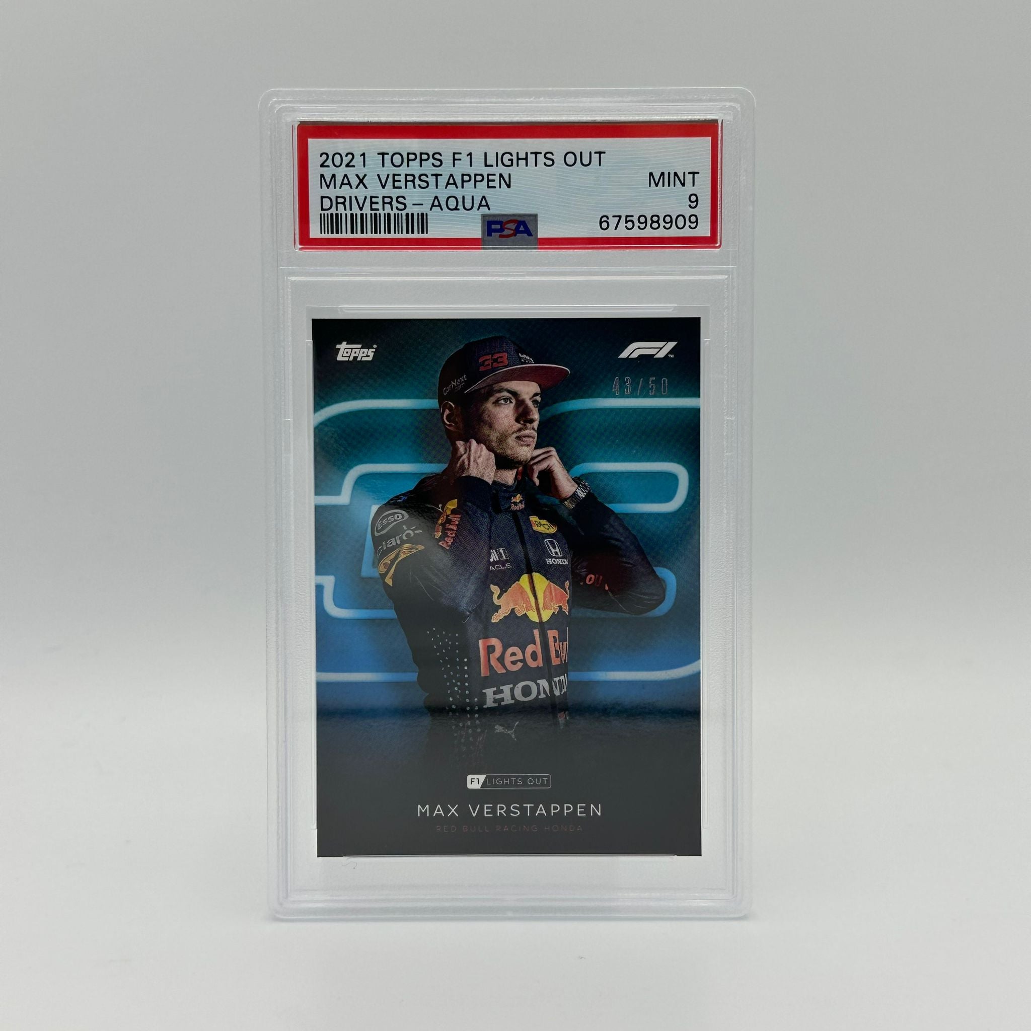 PSA 9 Graded 43/50 Max Verstappen 2021 Formula 1 Drivers Championship Aqua Parallel Trading Card - Perfect for Collectors, Racing Fans, and Investment Portfolios