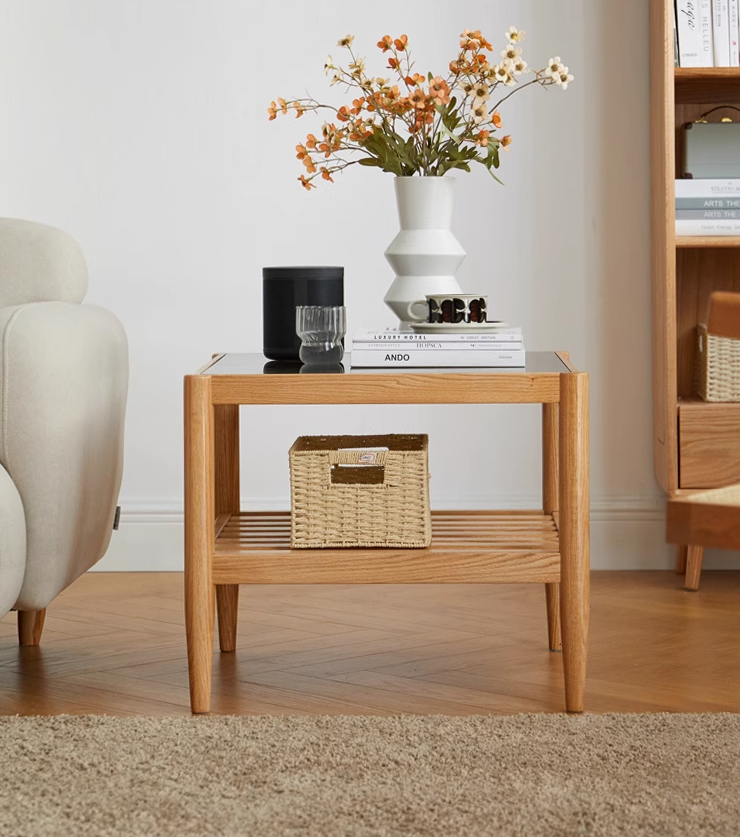 Modern Oak Solid Wood Nordic Glass Coffee Table - Minimalist Living Room Furniture for Small Spaces, Home Decor, and Cozy Gatherings