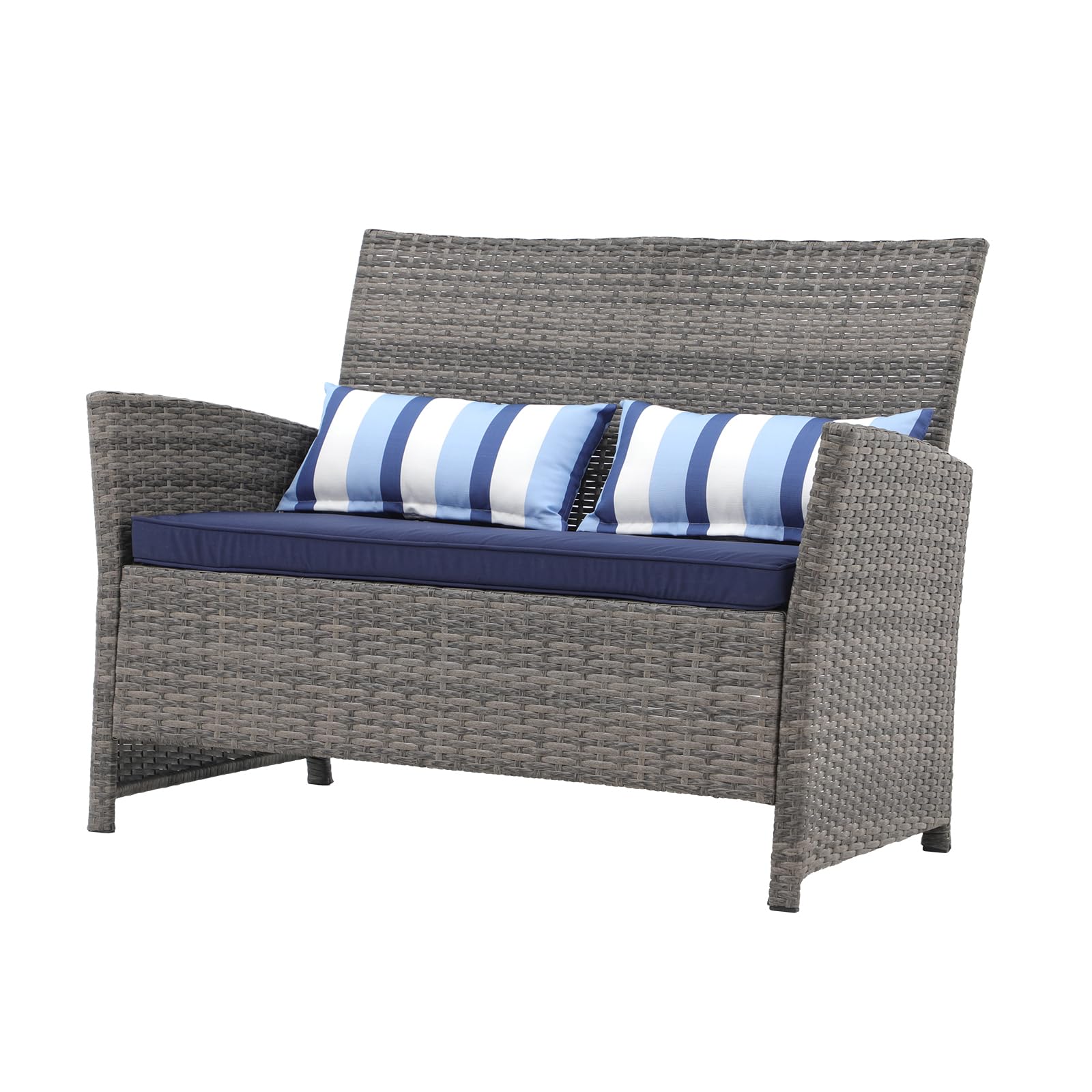 **SUNSITT Outdoor Wicker Loveseat with Cushions – 2-Seater PE Rattan Patio Sofa with Lumbar Pillows, Grey Wicker & Blue Cushions – Durable Steel Frame – Perfect for Porch, Backyard, Garden, Poolside Relaxation**