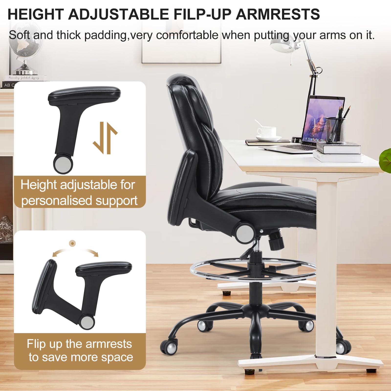 Ergonomic Drafting Chair with Adjustable Arms & Foot Ring - PU Leather High Office Chair for Counter Height Desks, Swivel Computer Stool (Black) - Perfect for Architects, Designers & Home Office Workspaces