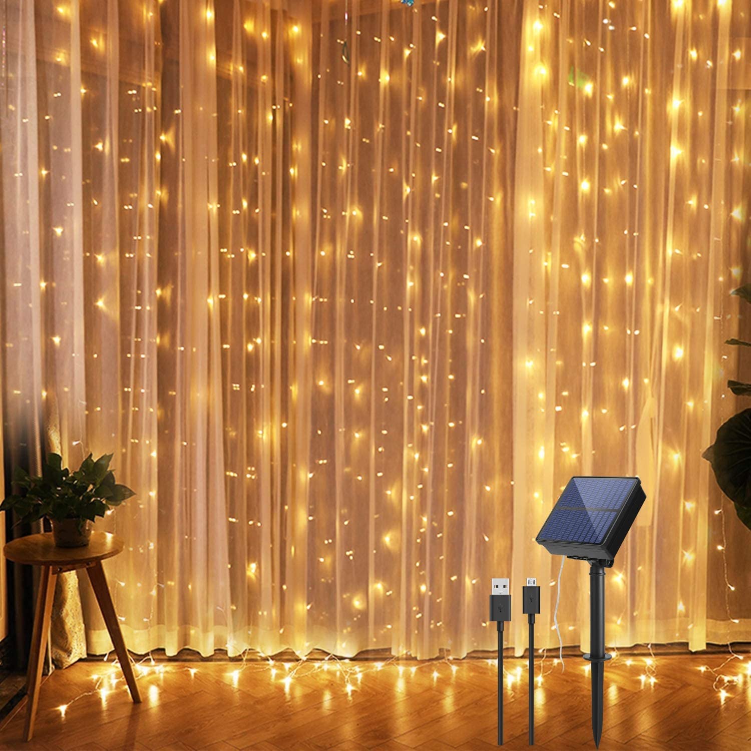 IMAGE Solar Curtain Lights - 8 Lighting Modes, 9.8x9.8ft Waterproof Outdoor String Lights with UL Certification | Perfect for Wedding Decor, Garden Party, Backyard Lighting & Home Decoration (Warm White)