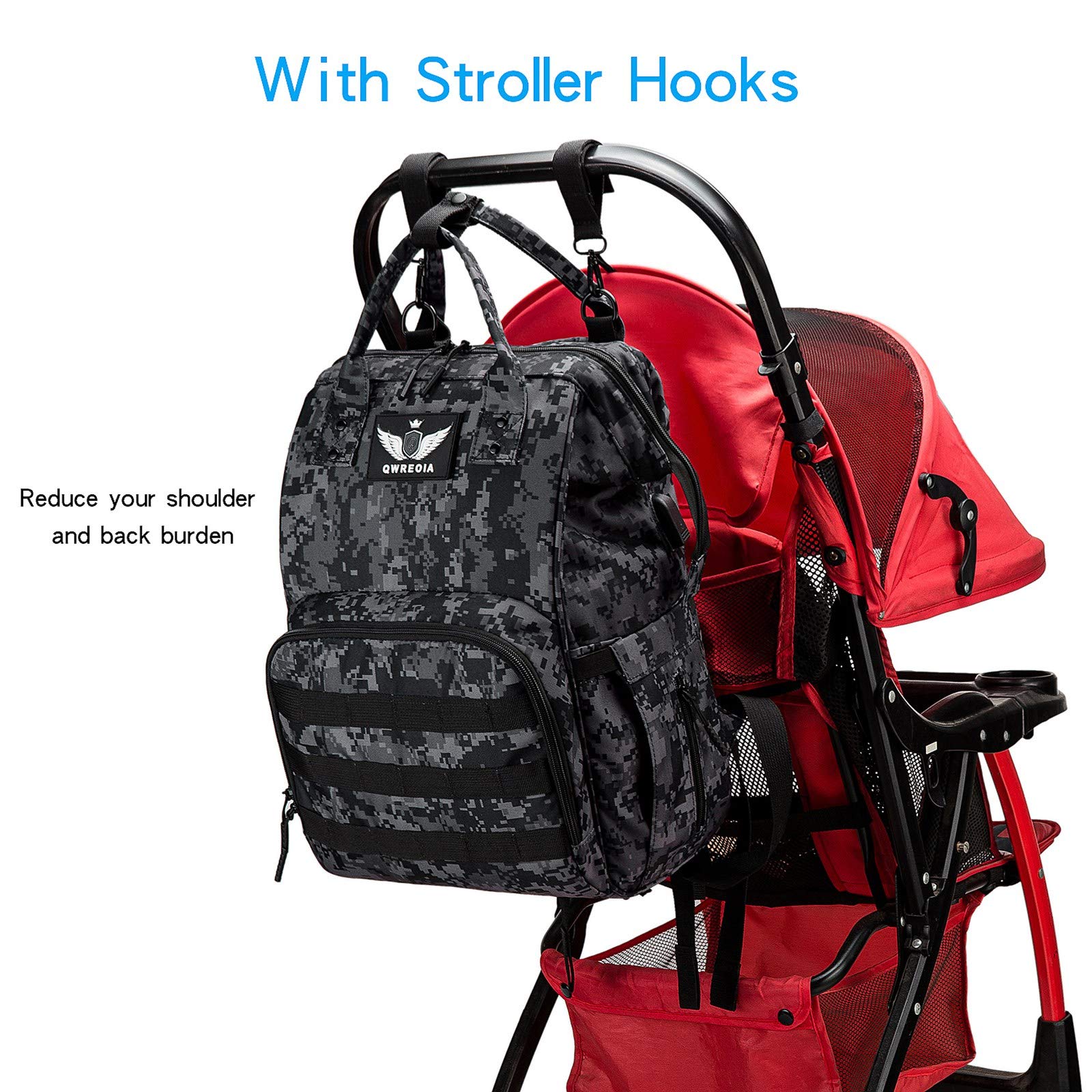 QWREOIA Diaper Bag Backpack with USB Charging Port, Stroller Straps & Insulated Pocket - Military Style Baby Changing Bag for Parents (Black Camo) - Perfect for Travel, Daycare & Family Outings