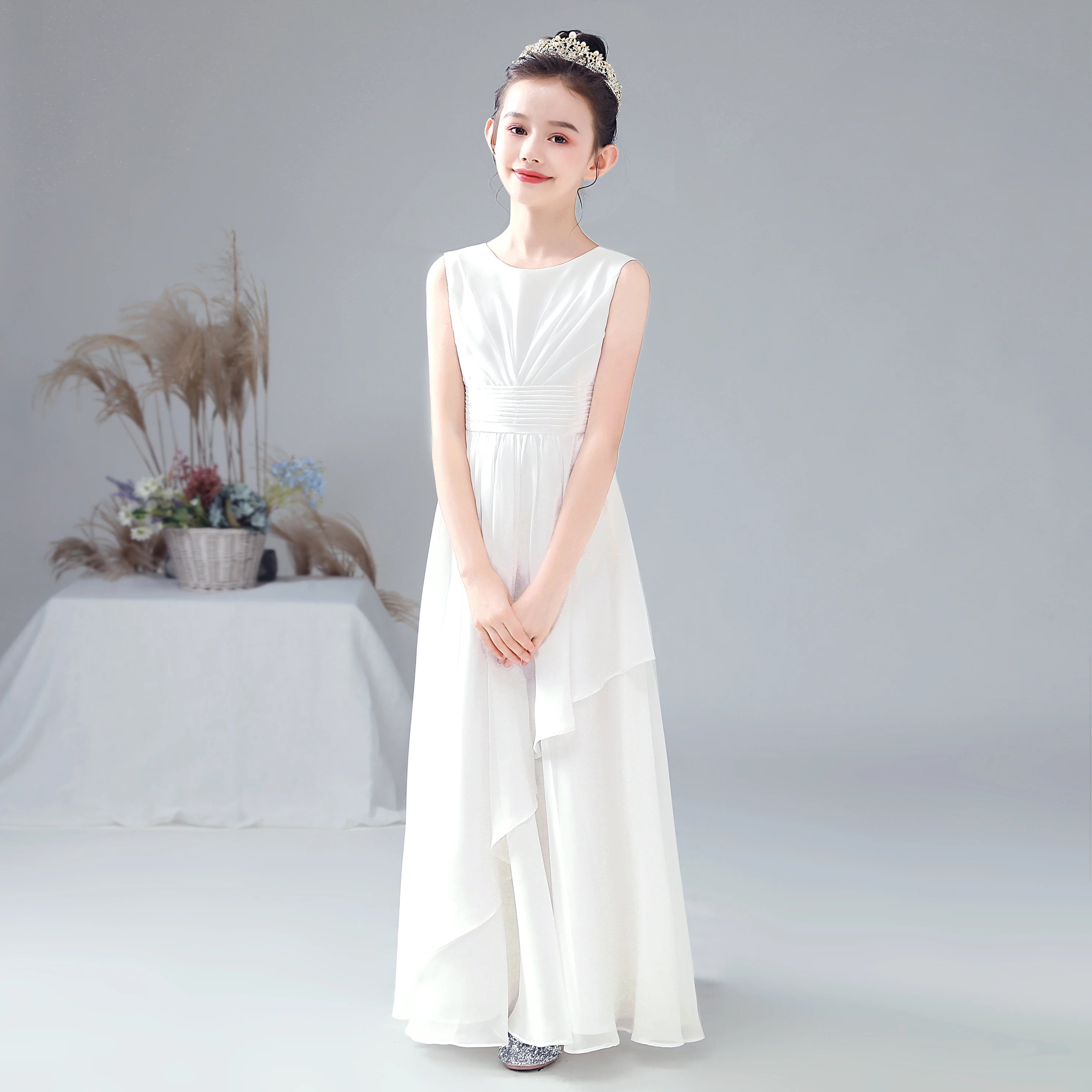 Elegant Purple Chiffon Flower Girl Dress - Sleeveless Pleated Wedding Party Gown for Kids | Perfect for Bridal Showers, First Communion & Special Occasions