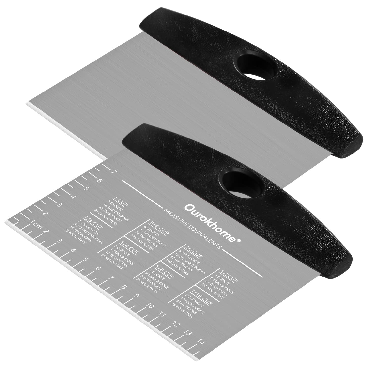 Ourokhome Stainless Steel Dough Scraper & Pizza Cutter Set - 2 Pack Black Kitchen Baking Tools with Laser-Engraved Measuring Scale & Conversion Chart - Dishwasher Safe & Anti-Wear - Perfect for Pizza Making, Pastry Baking, Bread Dough Cutting, and Cookie Preparation