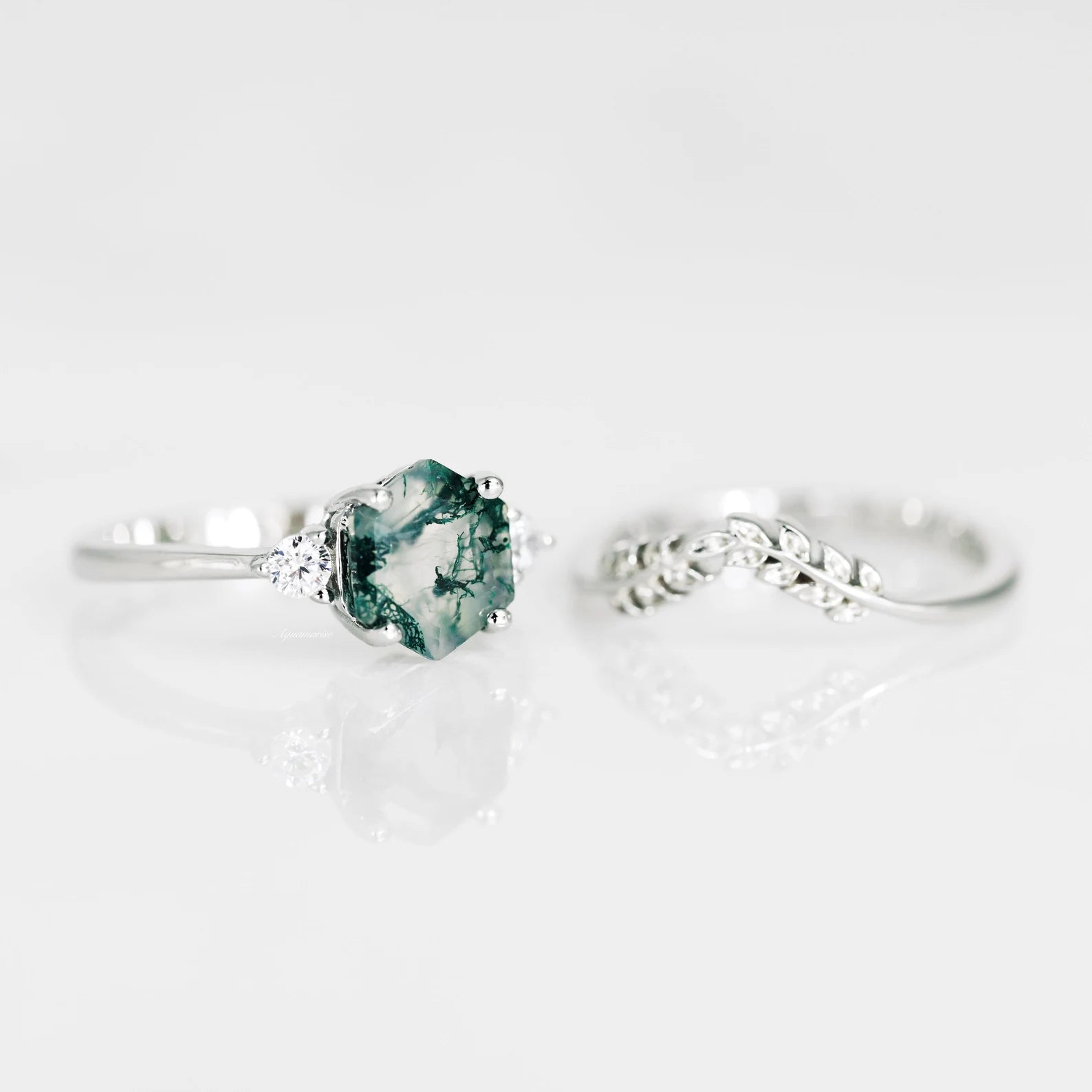 Hexagon Moss Agate Fairy Ring Set - Sterling Silver Jewelry for Women, Boho Chic Wedding Band, Nature-Inspired Gemstone Stackable Rings for Everyday Wear & Special Occasions