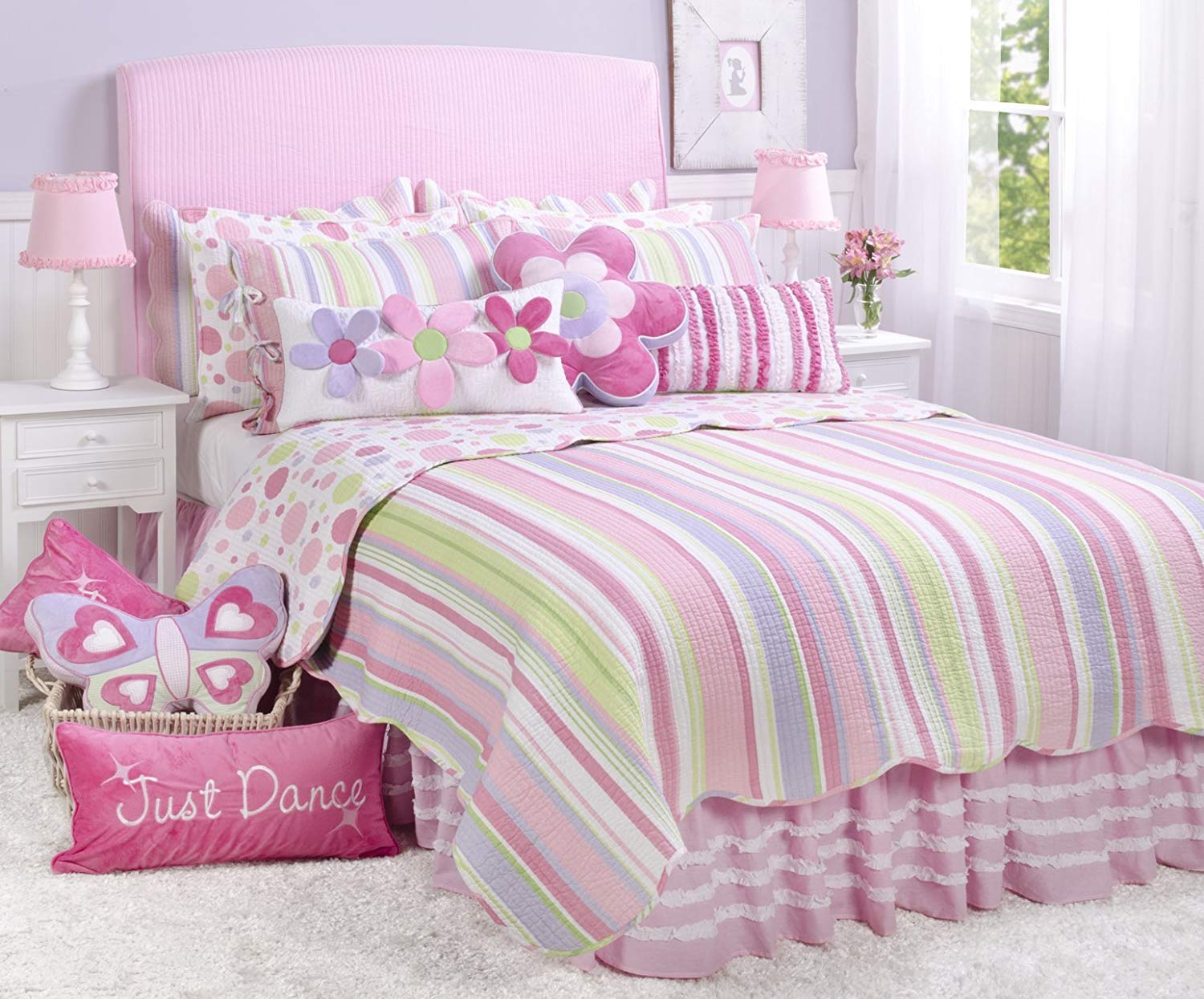 Levtex Home Merrill Reversible Cotton Quilt Set for Kids - Twin/Twin XL Size (66x86in) with Standard Sham (20x26in) - Pink, Green & Purple Striped Design - Perfect for Bedrooms, Dorms & Sleepovers