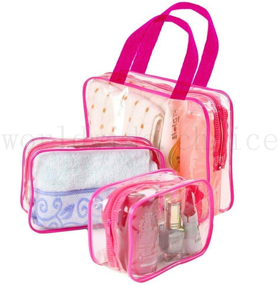GLAMZA® Clear Travel Toiletries Bag Set of 3 - Waterproof PVC Cosmetic Organizer for Makeup, Shampoo & Toiletries | Perfect Wash Bag for Men & Women Travel | Includes Travel Perfume Atomizer (Pink) - Ideal for Airplane, Camping & Gym Essentials