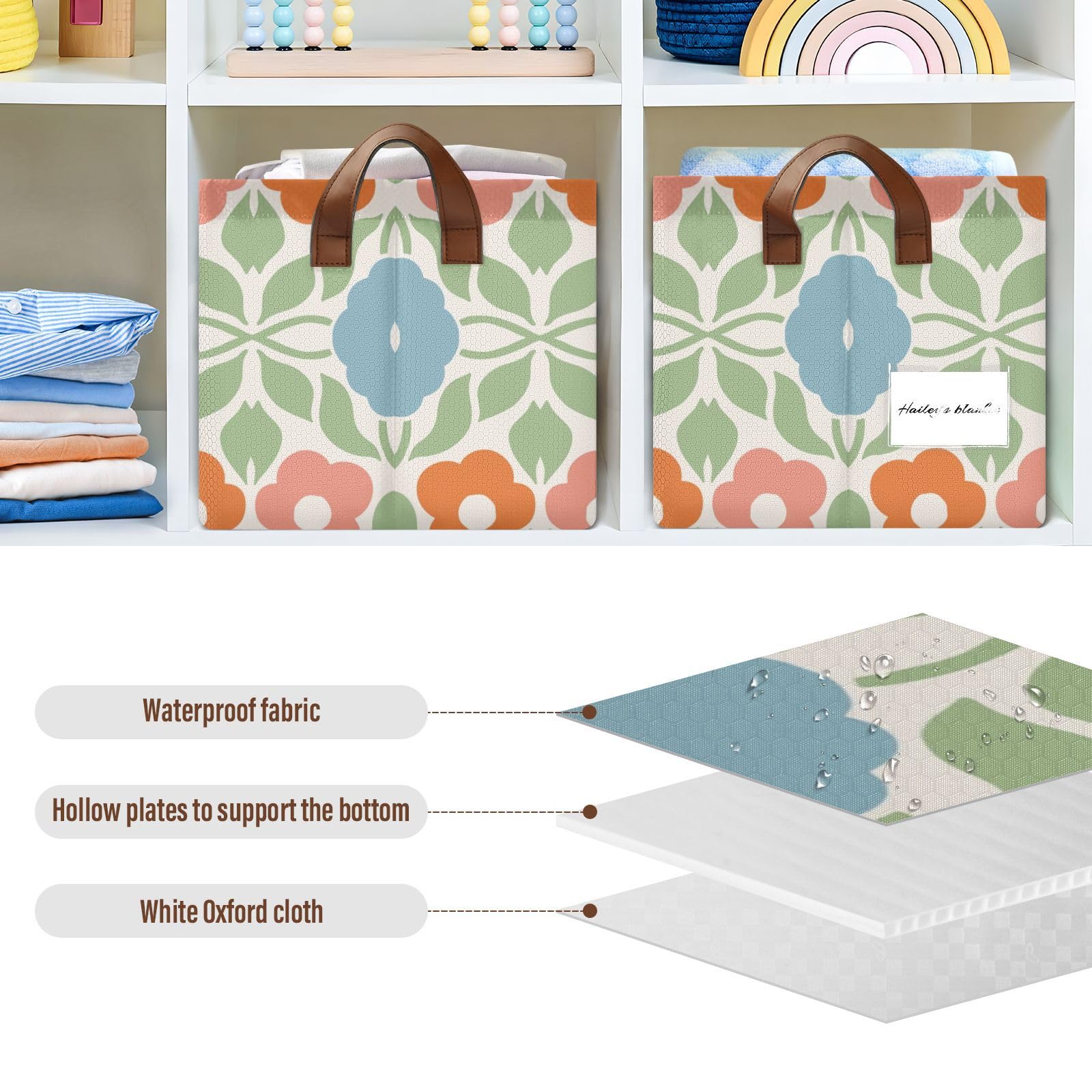 Yuiboo 2-Pack Bohemian Fabric Storage Baskets with Handles - Orange & Blue Ethnic Design Shelving Bins for Clothing, Books & Home Organization | Perfect for Closet, Nursery & Laundry Room Storage