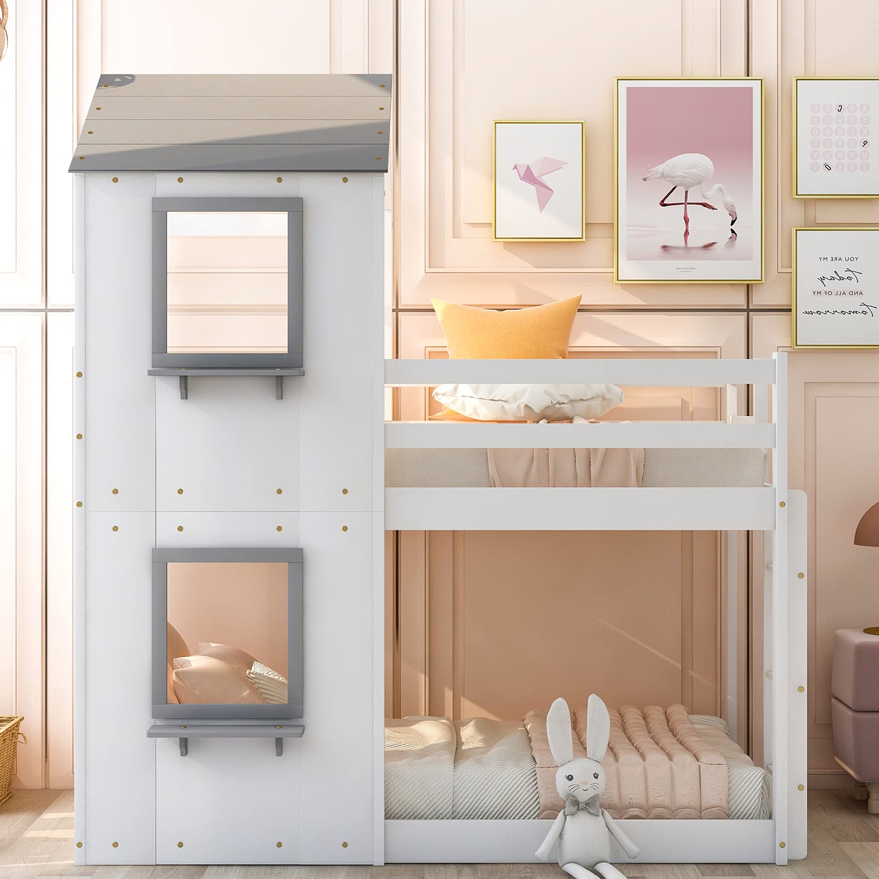 MERITLINE Twin Over Twin Wooden Bunk Bed with Guardrail & Ladder - Low Profile House Style Kids Bed with Roof Design (White) - Perfect for Small Bedrooms, Shared Kids Rooms & Space-Saving Nursery Solutions